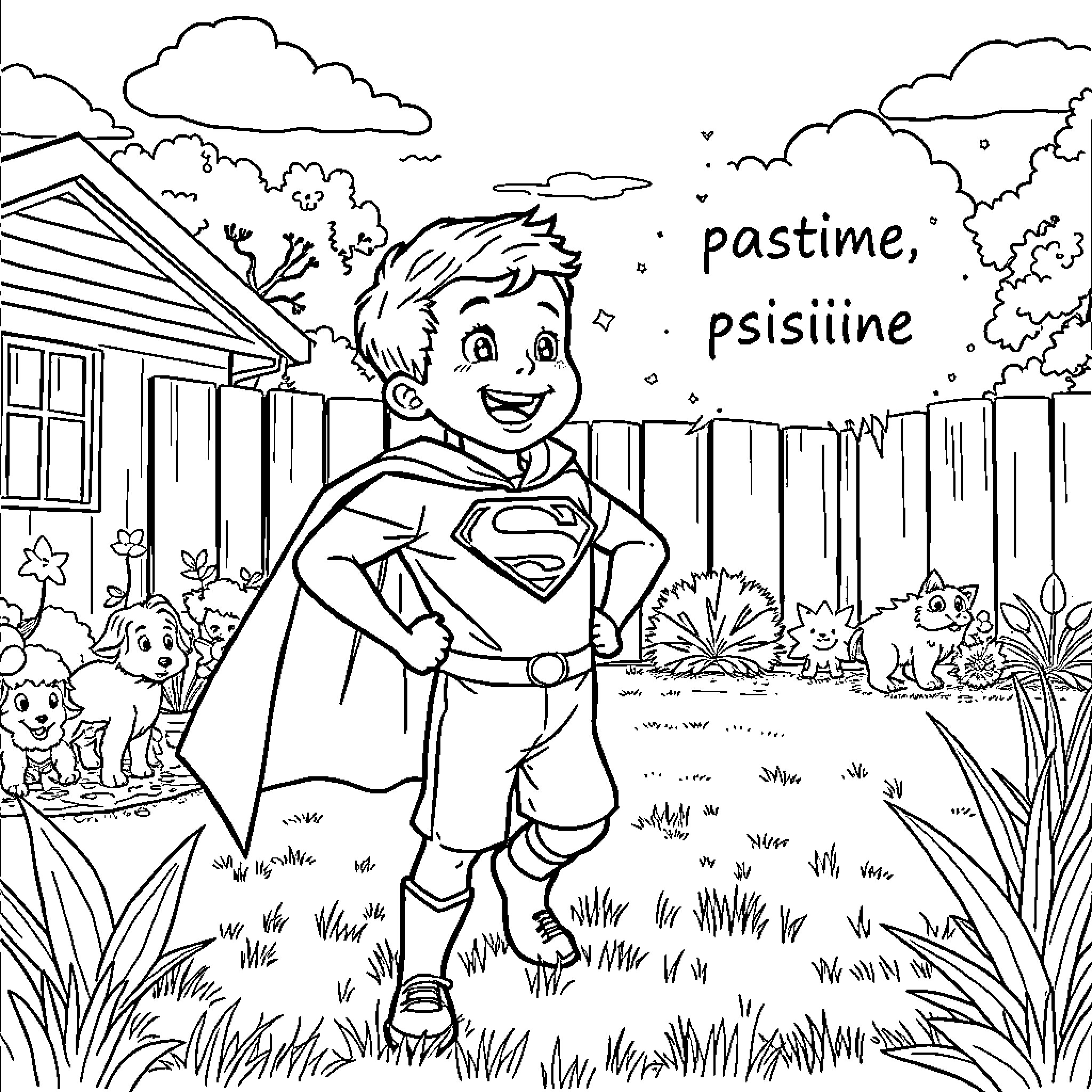 Superman's Pastime in the Backyard Coloring Page (free black-and-white line drawing printable PDF for all, from beginners to advanced learners, including children, teens, adults, and seniors)
