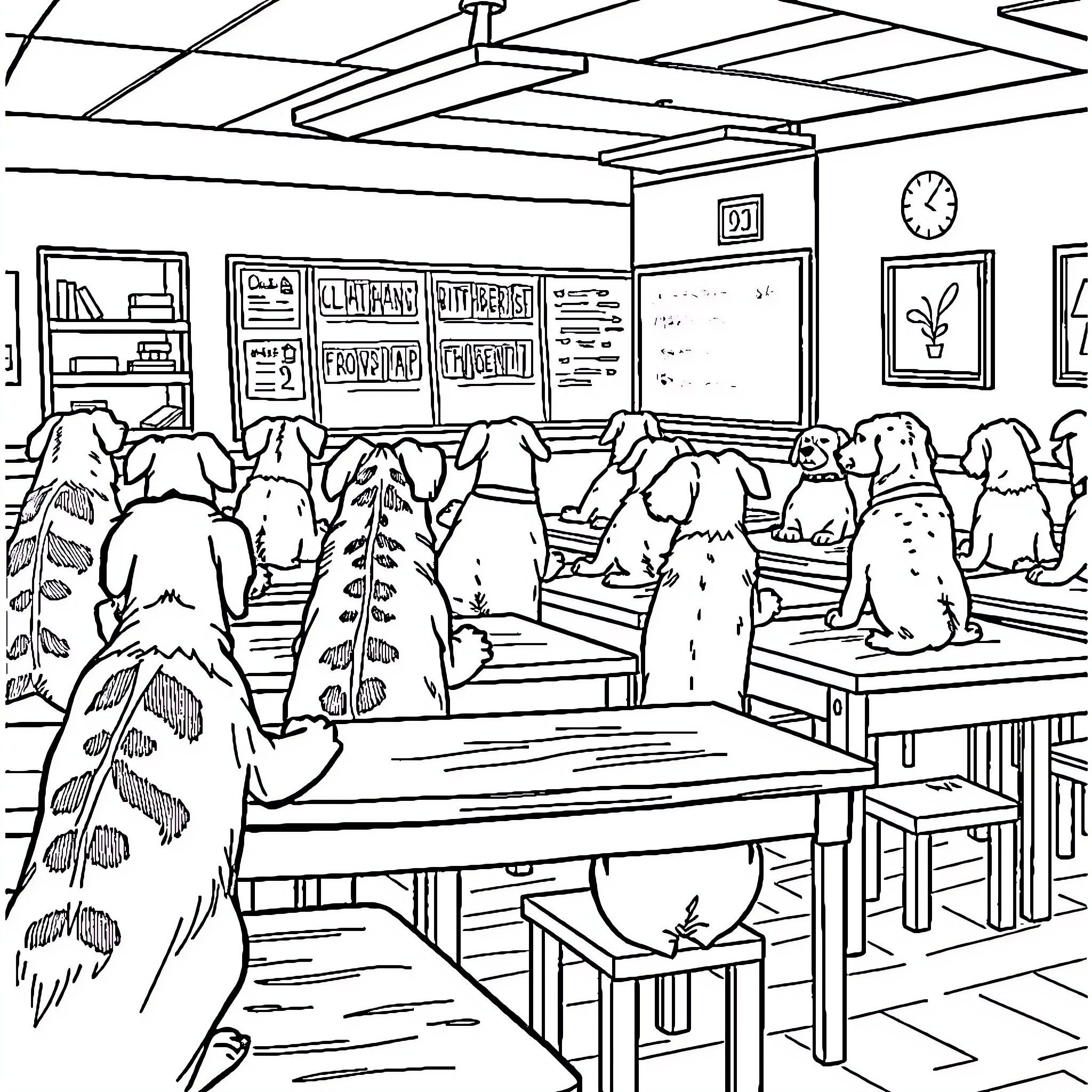 Dog class in session at school Coloring Page (free black-and-white line drawing printable PDF for all, from beginners to advanced learners, including children, teens, adults, and seniors)