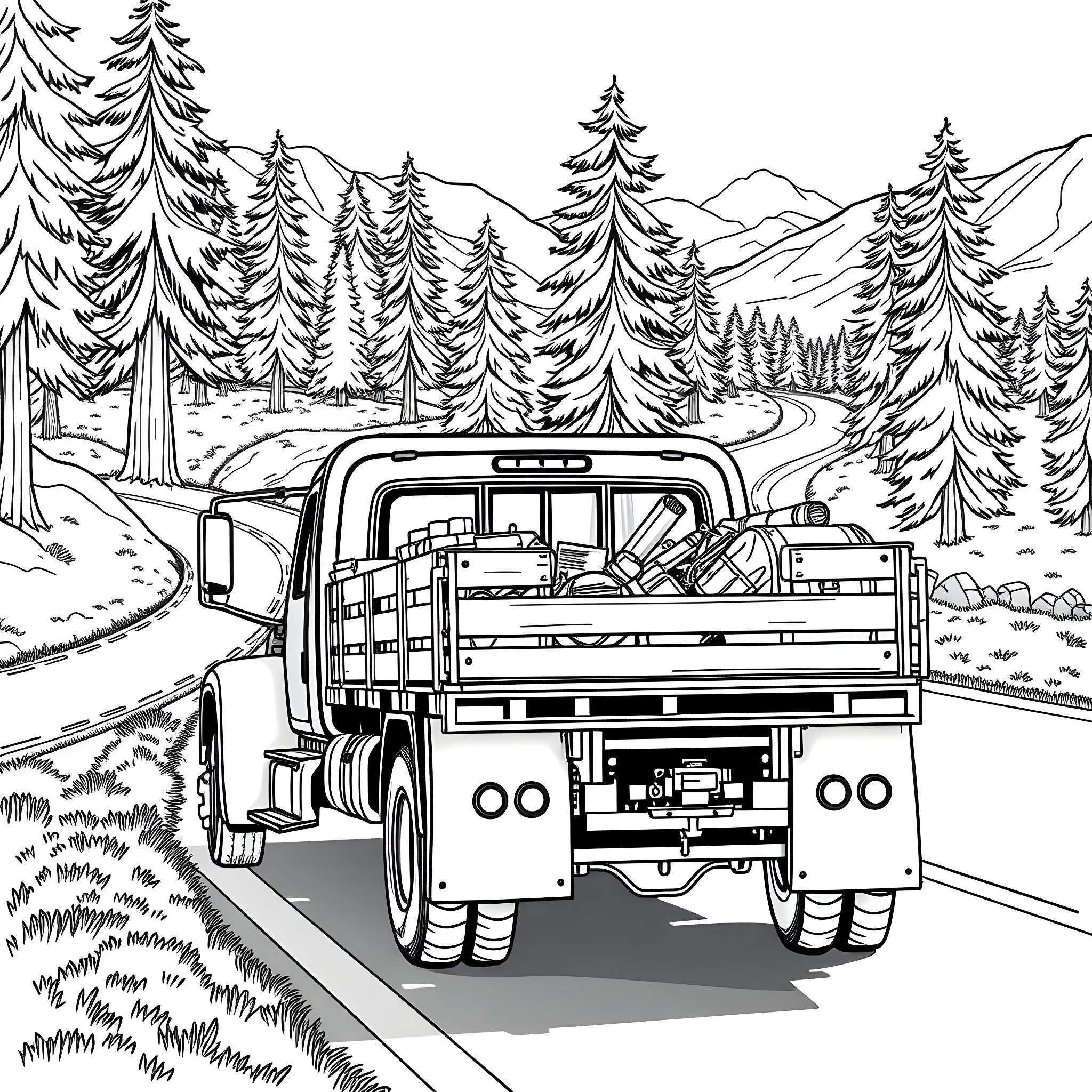 Truck transporting equipment through scenic mountain landscape Coloring Page (free black-and-white line drawing printable PDF for all, from beginners to advanced learners, including children, teens, adults, and seniors)