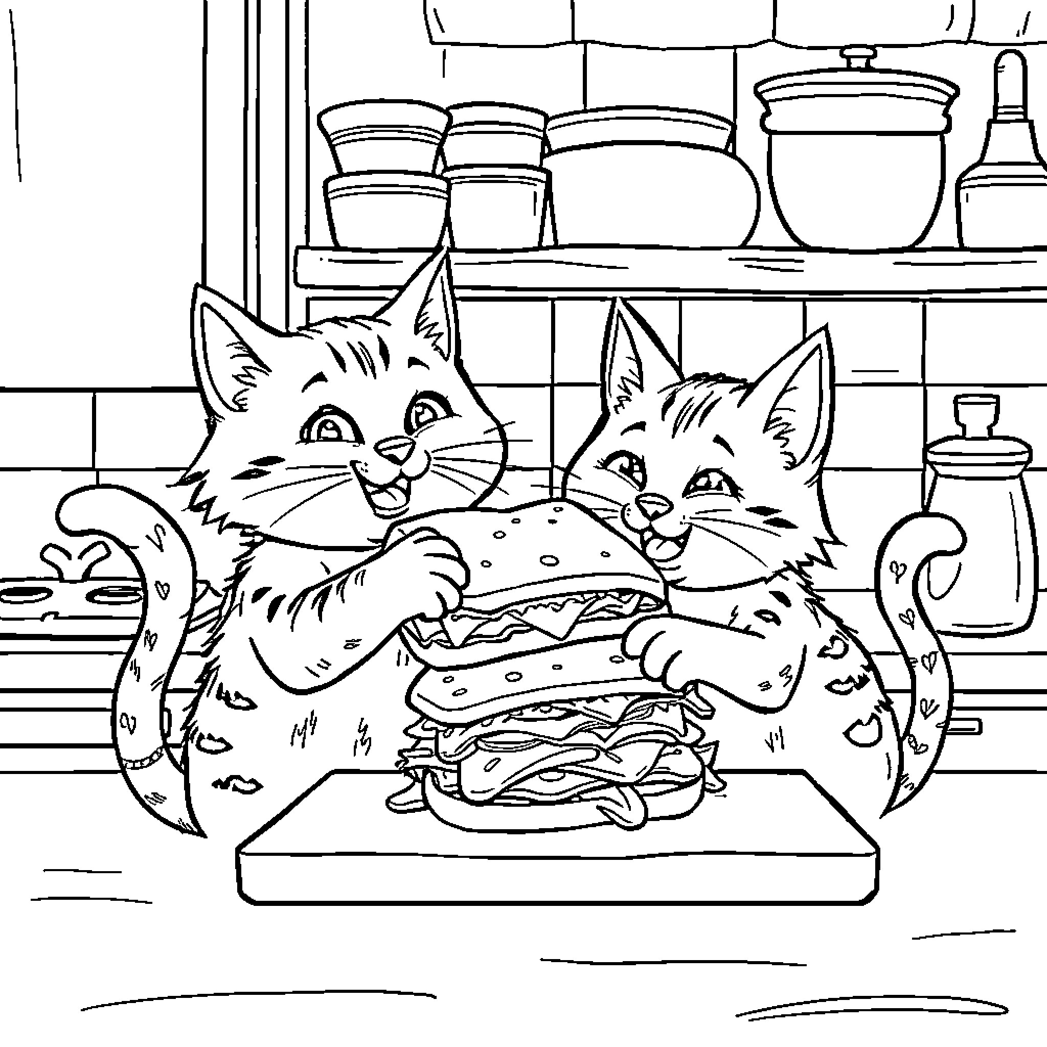 Cats Enjoying a Tasty Meal Coloring Page (free black-and-white line drawing printable PDF for all, from beginners to advanced learners, including children, teens, adults, and seniors)