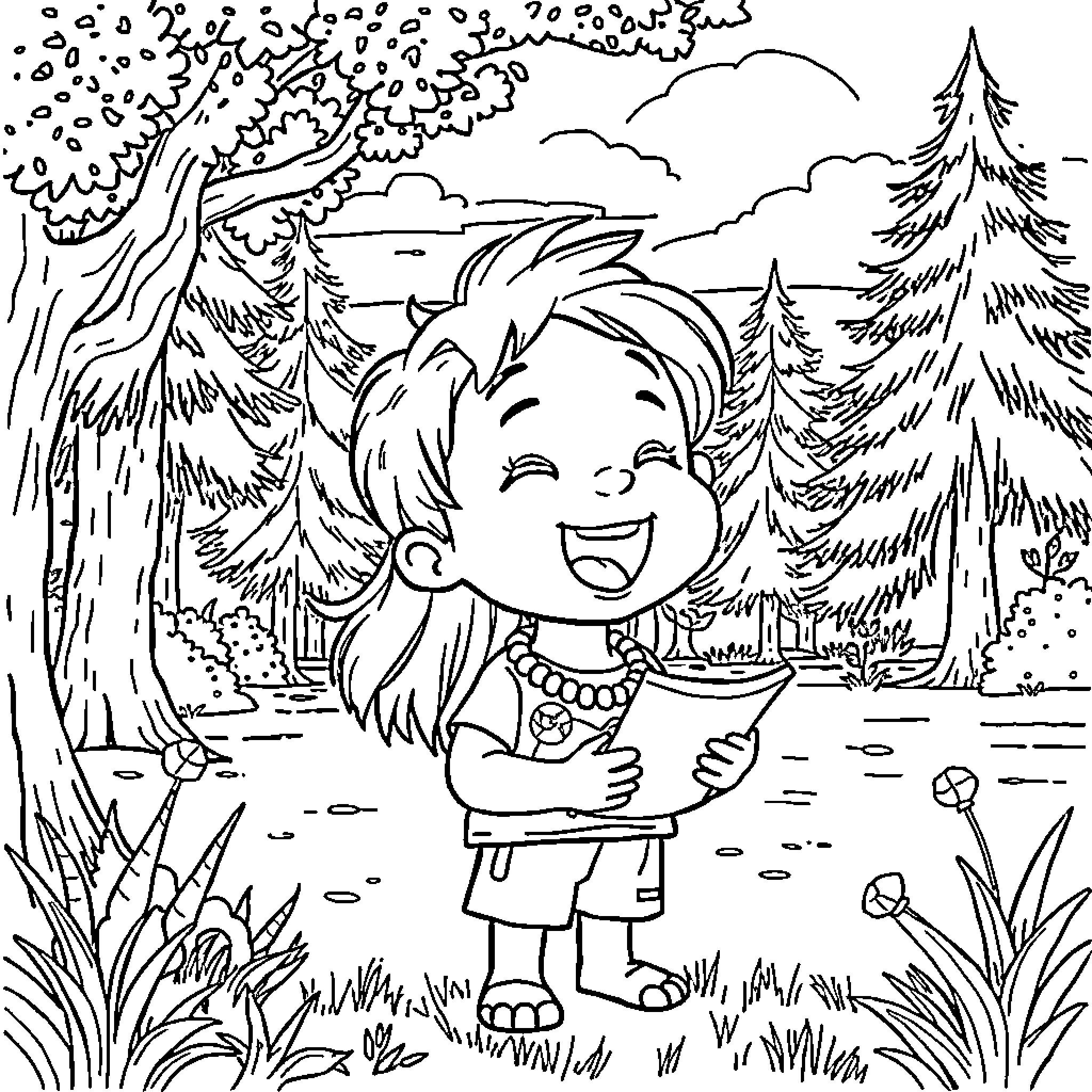 Atlas in a joyful forest adventure Coloring Page (free black-and-white line drawing printable PDF for all, from beginners to advanced learners, including children, teens, adults, and seniors)