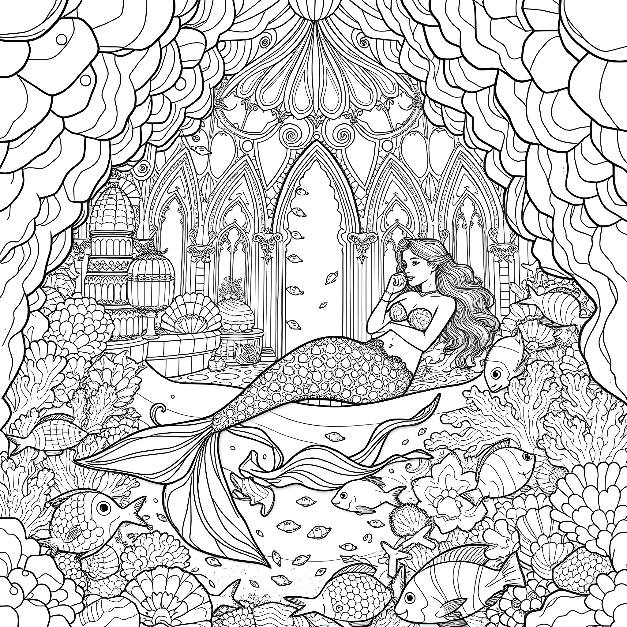 Mermaid Swimming in an Ornate Underwater Palace Coloring Page (free black-and-white line drawing printable PDF for all, from beginners to advanced learners, including children, teens, adults, and seniors)