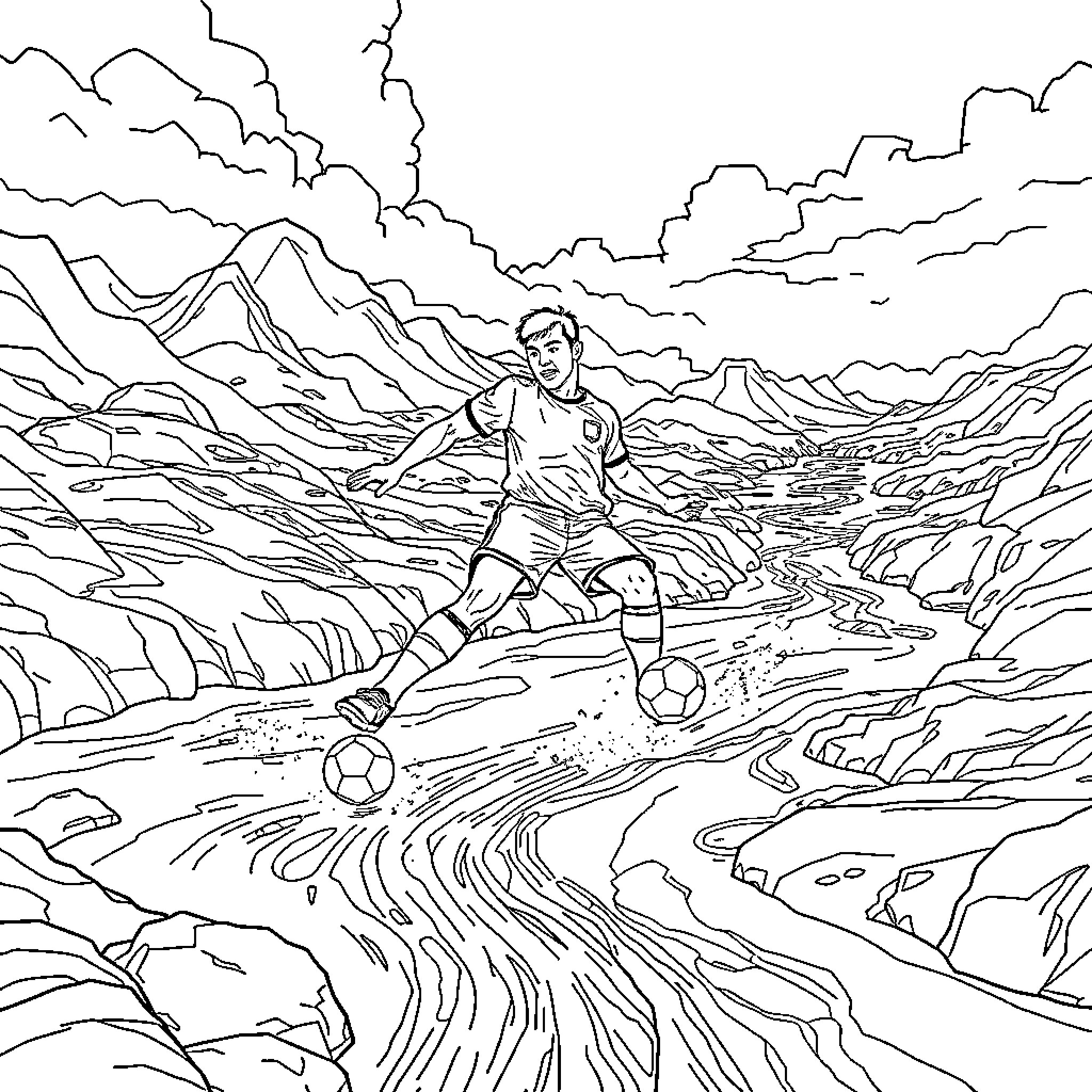 Demaryius Thomas playing soccer in a mountain landscape Coloring Page (free black-and-white line drawing printable PDF for all, from beginners to advanced learners, including children, teens, adults, and seniors)