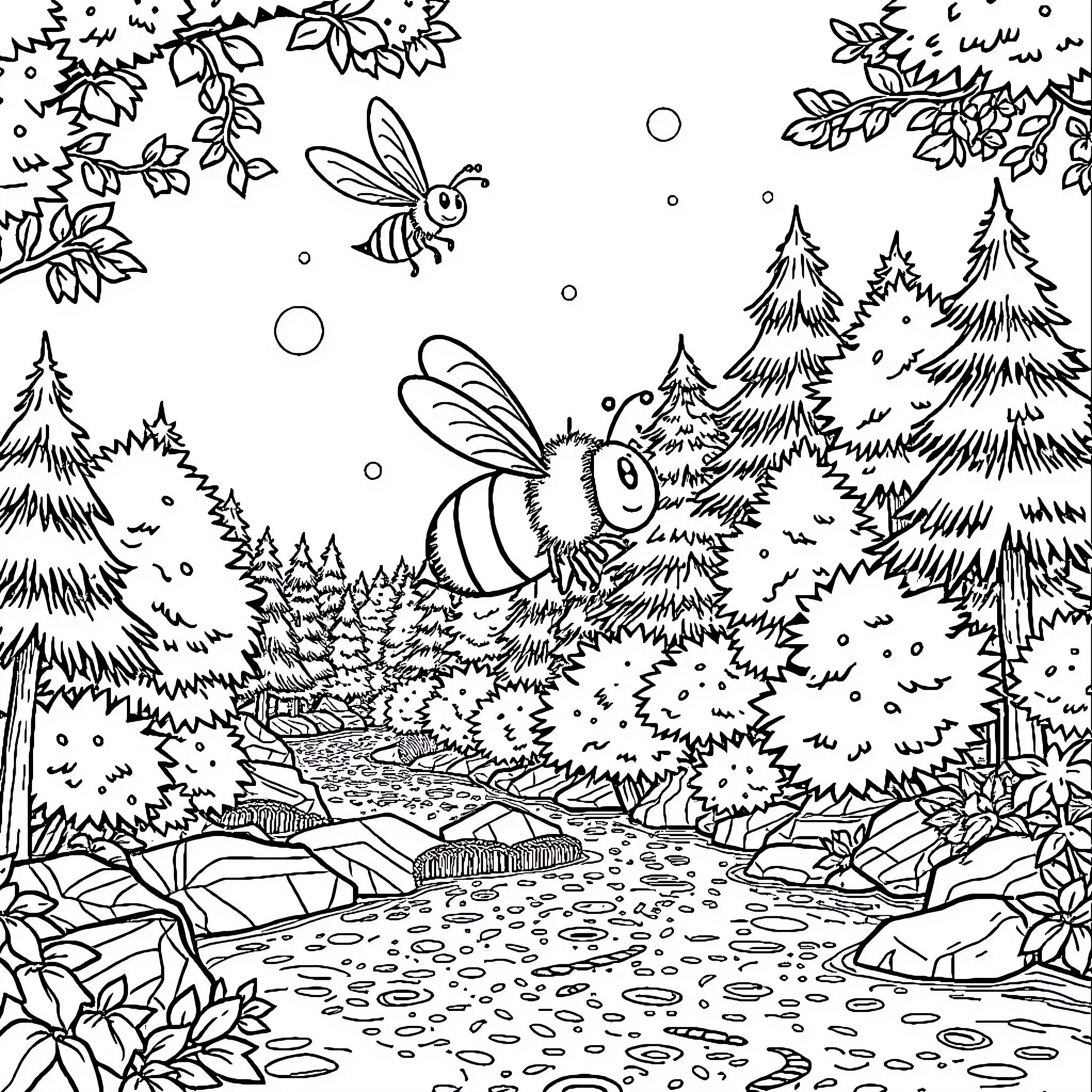 Bees in a Whimsical Forest Landscape Coloring Page (free black-and-white line drawing printable PDF for all, from beginners to advanced learners, including children, teens, adults, and seniors)
