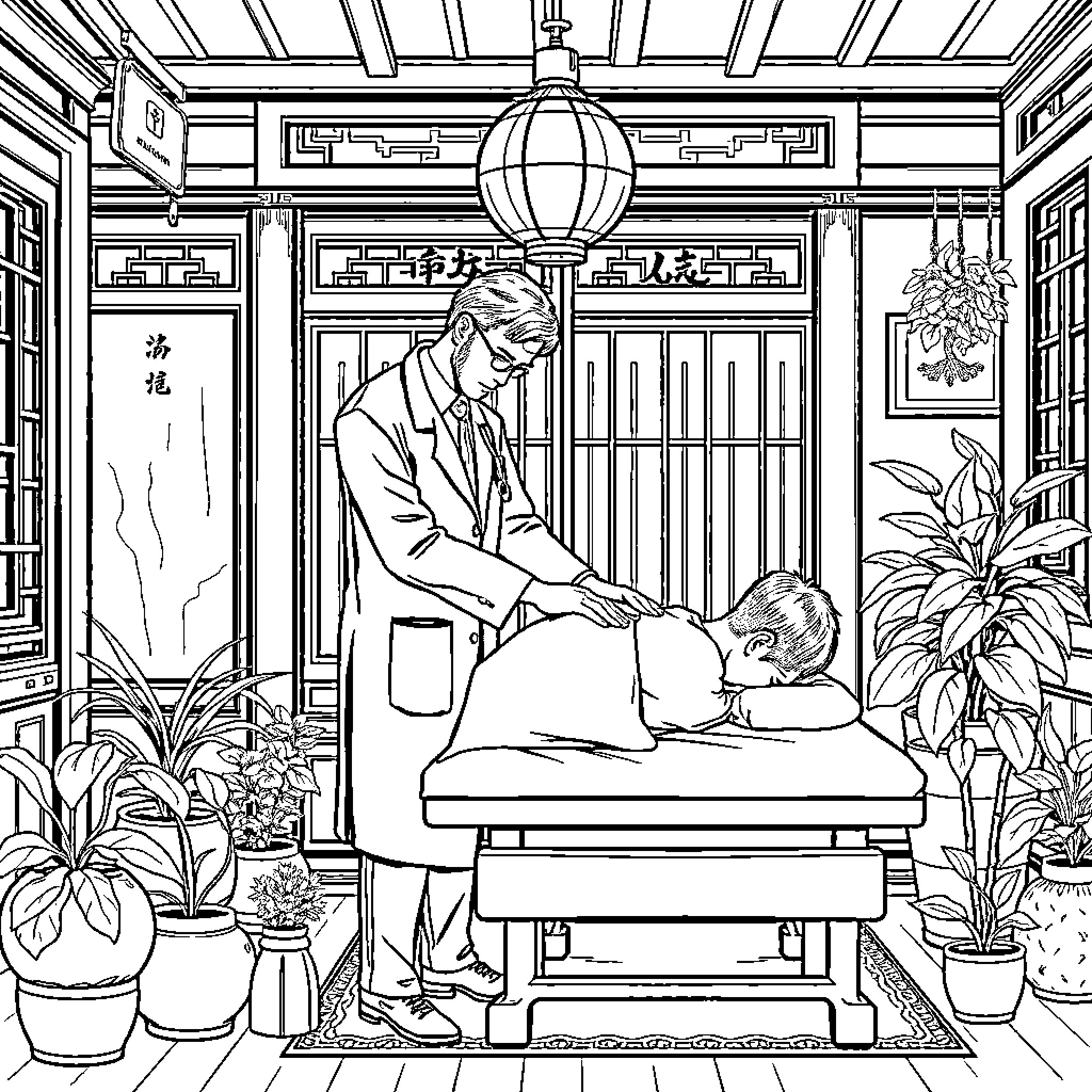 Doctor Administering Treatment in Traditional Chinese Setting Coloring Page (free black-and-white line drawing printable PDF for all, from beginners to advanced learners, including children, teens, adults, and seniors)