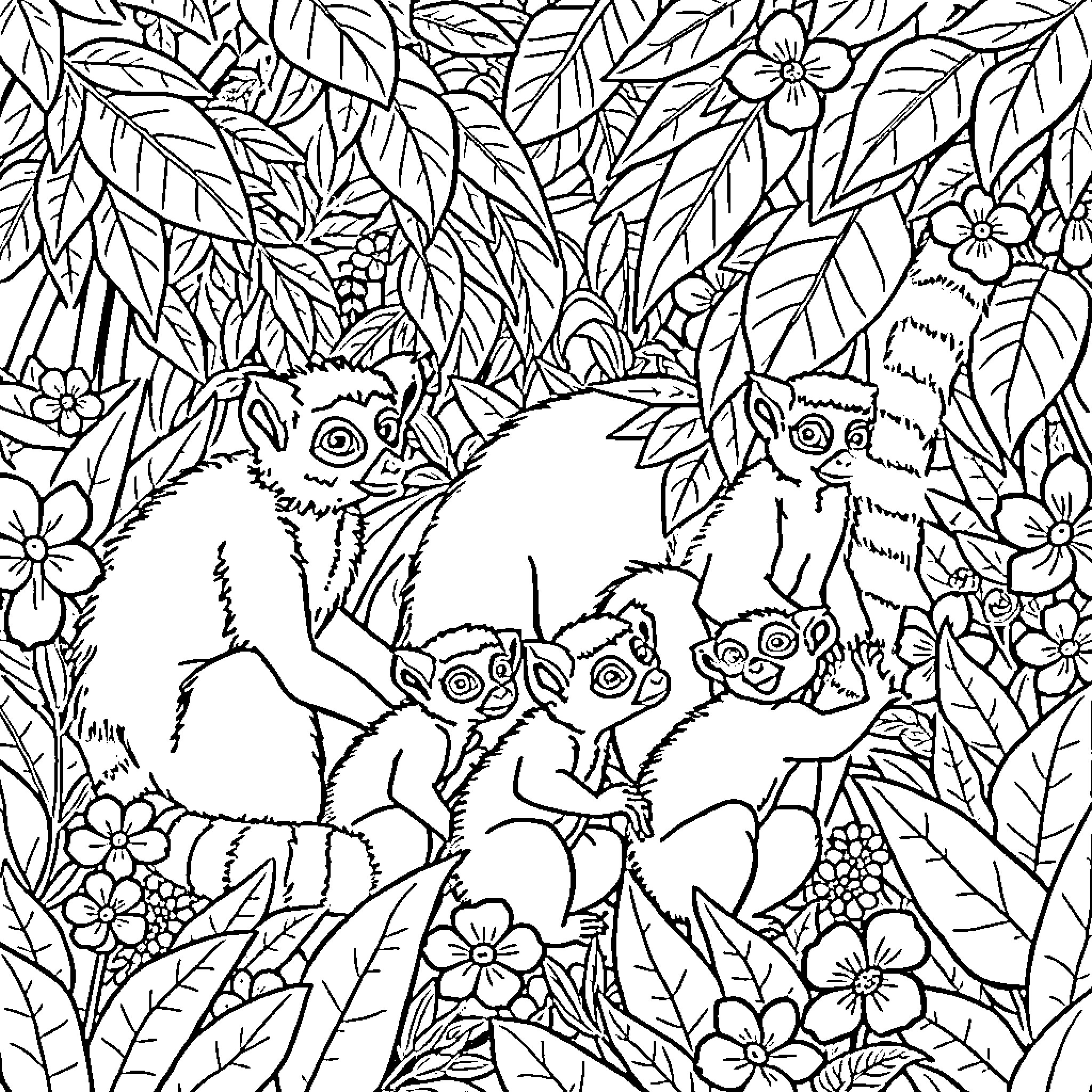 Lemurs playing amidst lush foliage and flowers Coloring Page (free black-and-white line drawing printable PDF for all, from beginners to advanced learners, including children, teens, adults, and seniors)