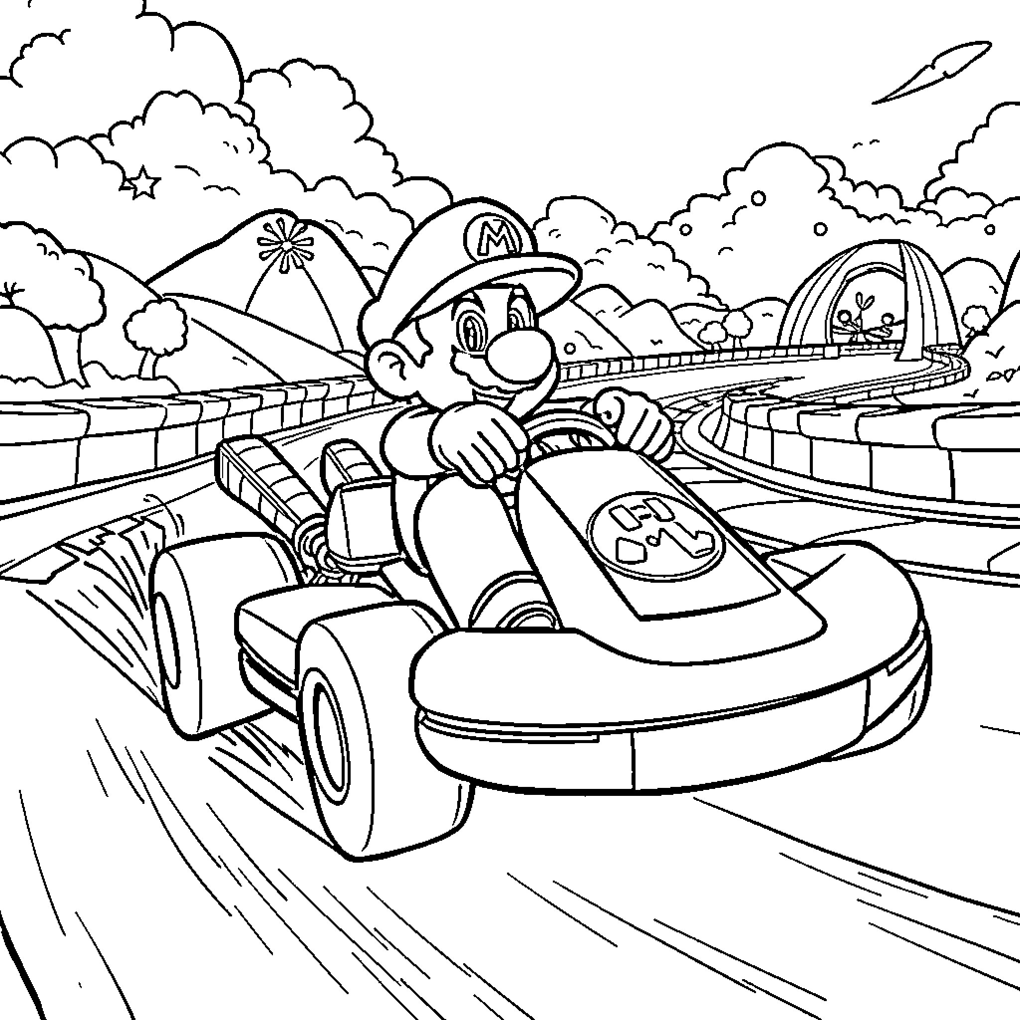 Mario Kart racing through a fantastical landscape Coloring Page (free black-and-white line drawing printable PDF for all, from beginners to advanced learners, including children, teens, adults, and seniors)