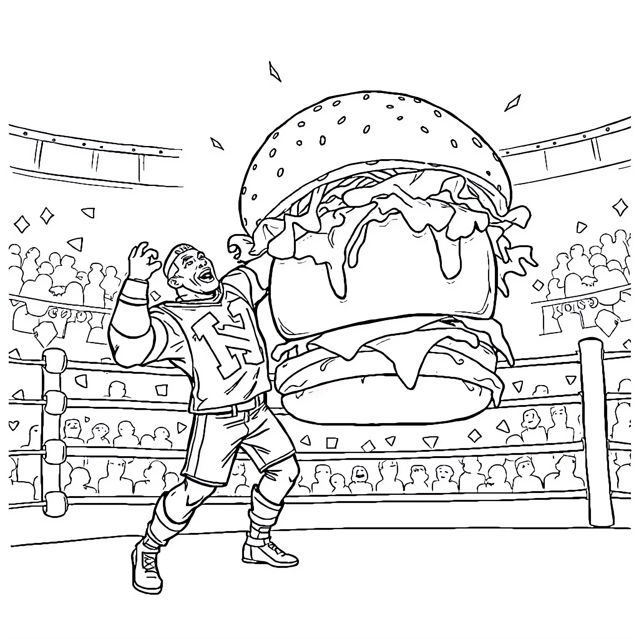 Jon Cena Triumphantly Celebrates Victory in the Ring Coloring Page (free black-and-white line drawing printable PDF for all, from beginners to advanced learners, including children, teens, adults, and seniors)