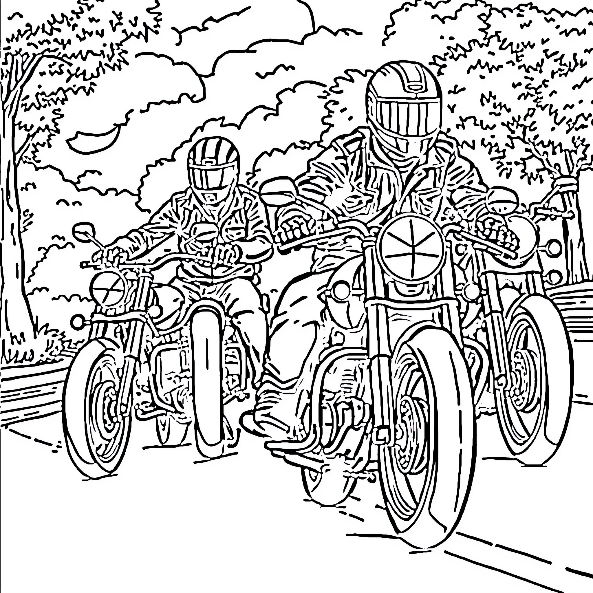 Motorcycle racers navigating a winding road Coloring Page (free black-and-white line drawing printable PDF for all, from beginners to advanced learners, including children, teens, adults, and seniors)
