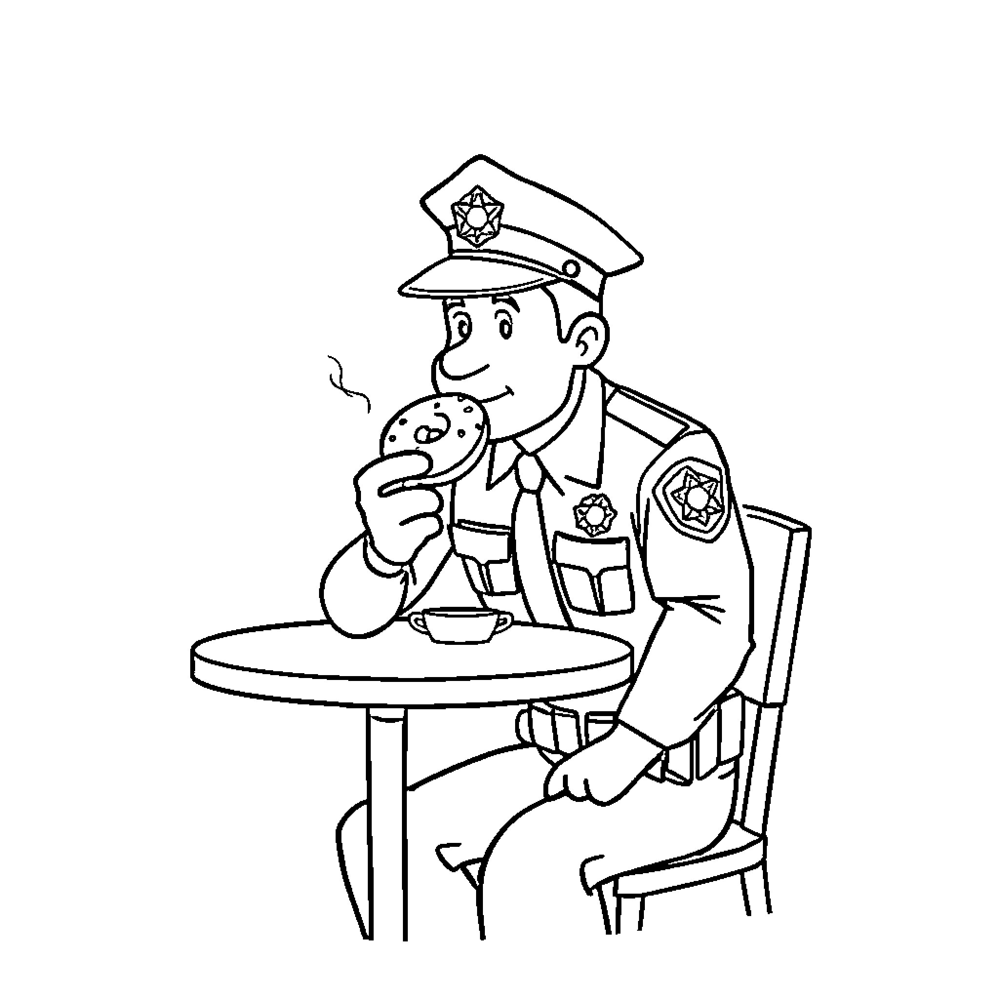 Police Officer Enjoying Snack Break Coloring Page (free black-and-white line drawing printable PDF for all, from beginners to advanced learners, including children, teens, adults, and seniors)