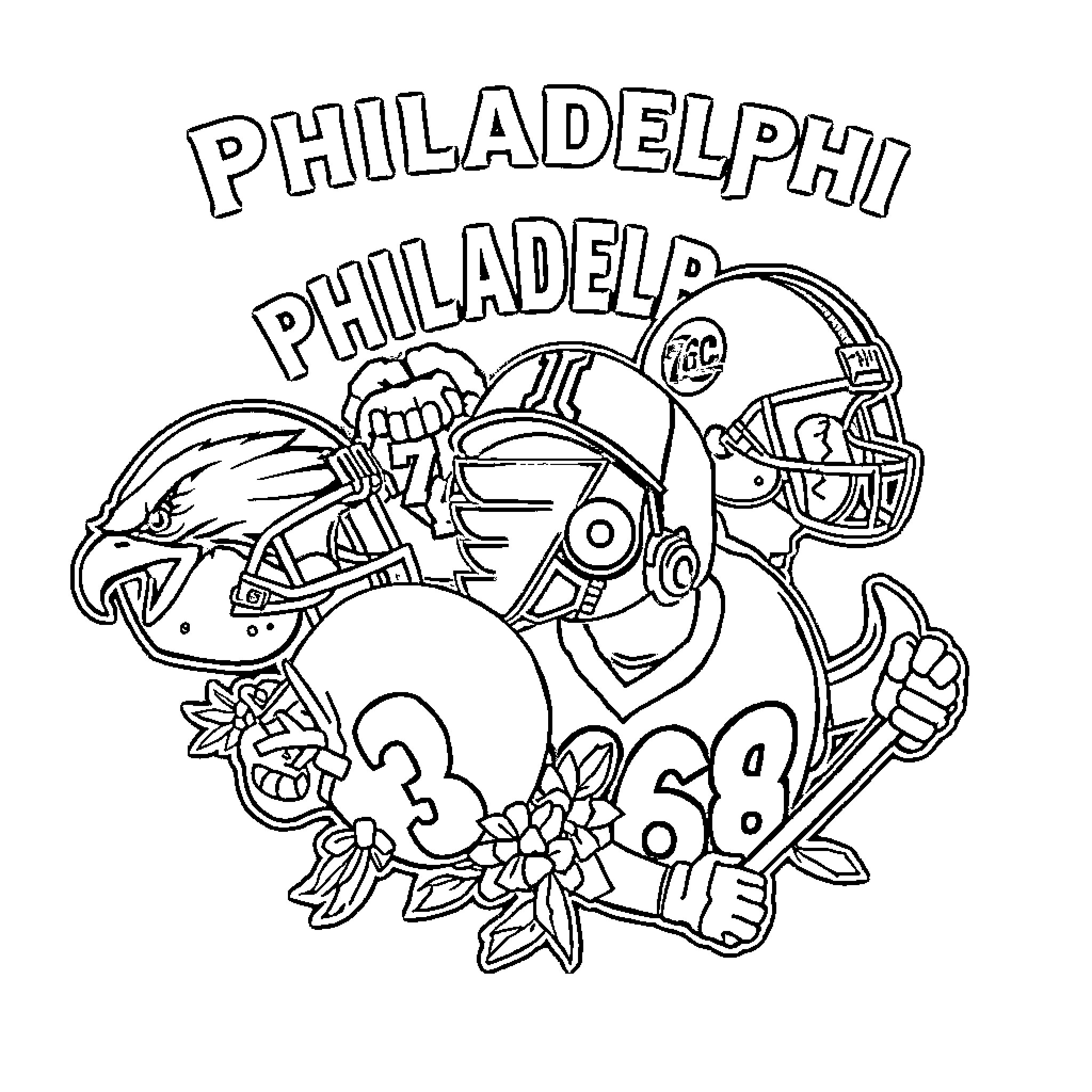 Sports Team Philadelphia Football Players Coloring Page (free black-and-white line drawing printable PDF for all, from beginners to advanced learners, including children, teens, adults, and seniors)