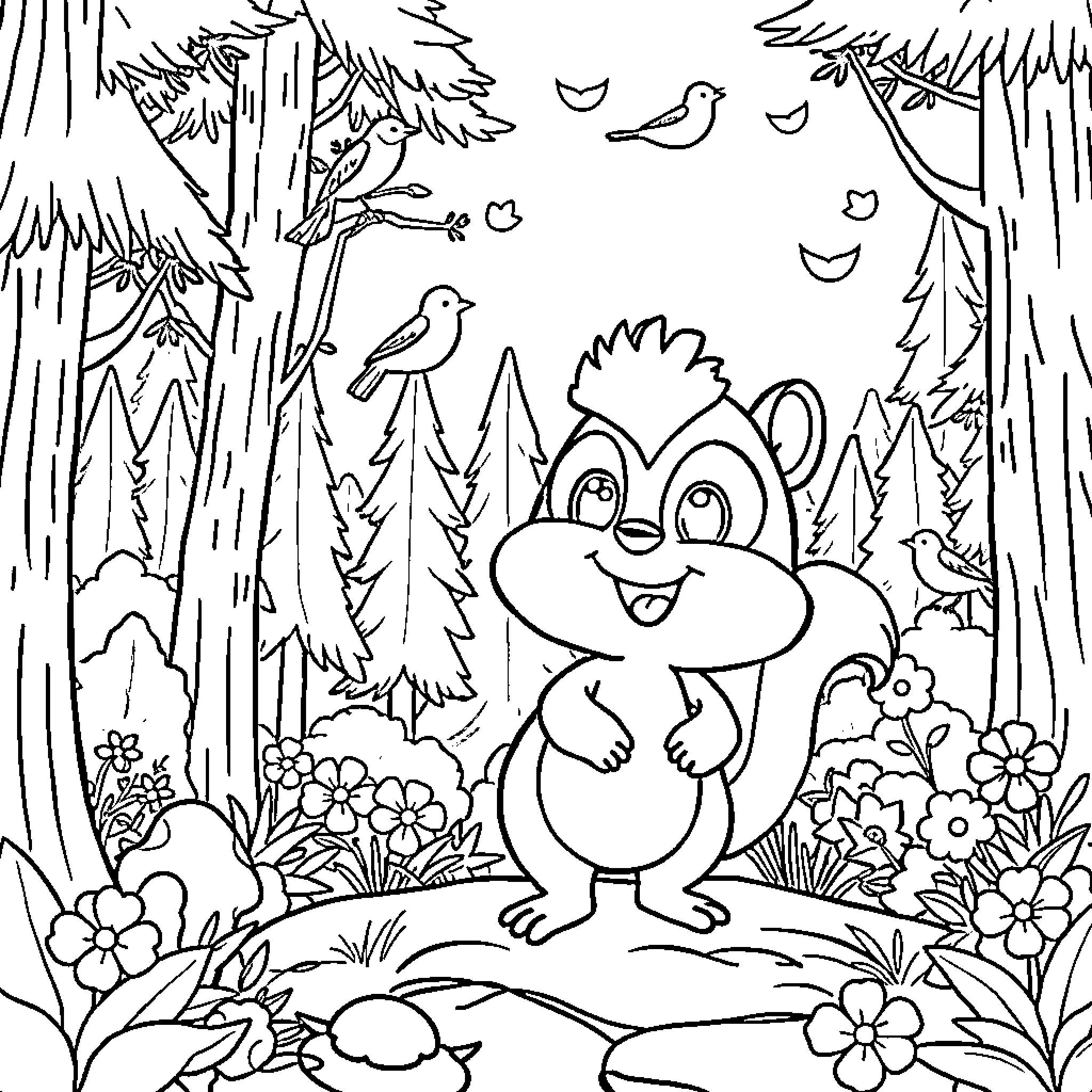 Sprunki's Whimsical Forest Adventure Coloring Page (free black-and-white line drawing printable PDF for all, from beginners to advanced learners, including children, teens, adults, and seniors)
