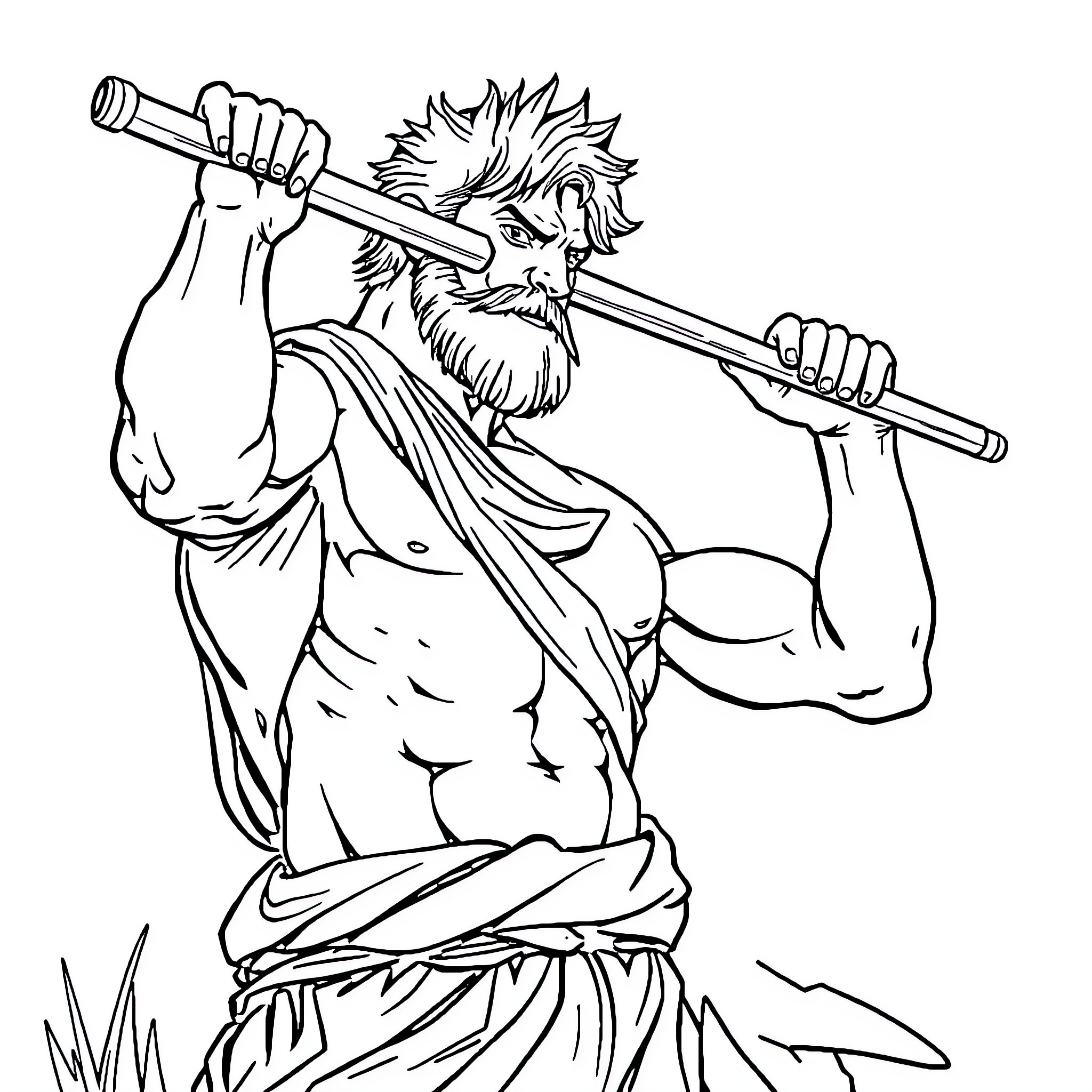 Man wielding a large staff with a fierce expression Coloring Page (free black-and-white line drawing printable PDF for all, from beginners to advanced learners, including children, teens, adults, and seniors)