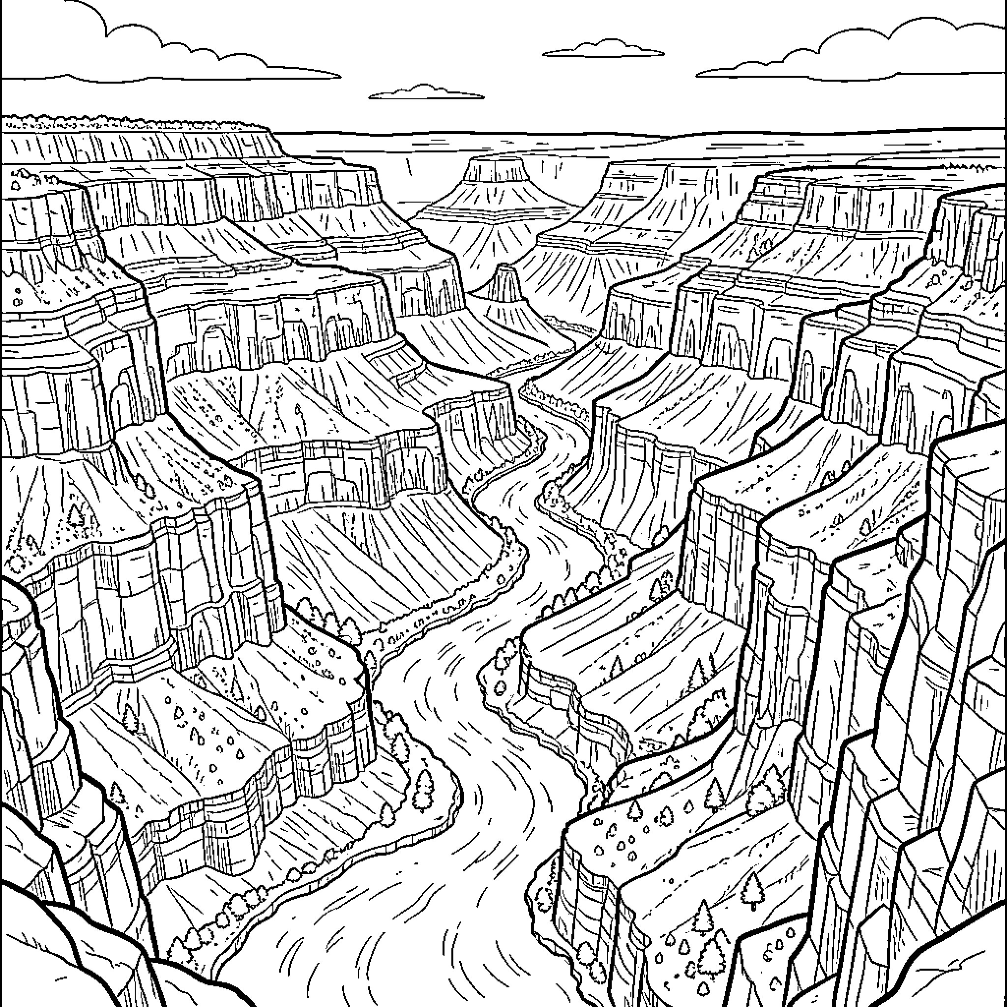 Canyon landscape with winding pathways Coloring Page (free black-and-white line drawing printable PDF for all, from beginners to advanced learners, including children, teens, adults, and seniors)