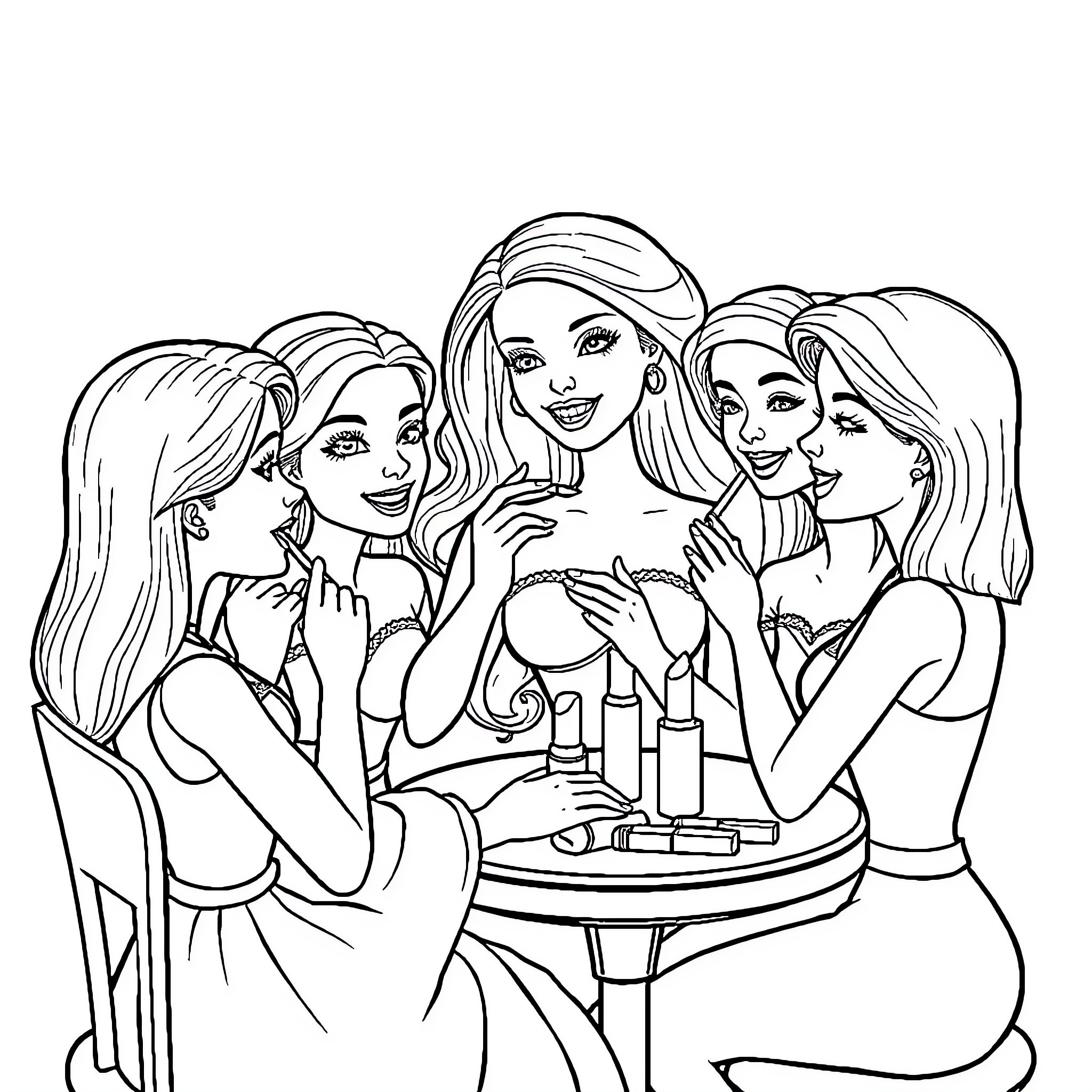 Barbie and Friends Celebrating Together Coloring Page (free black-and-white line drawing printable PDF for all, from beginners to advanced learners, including children, teens, adults, and seniors)