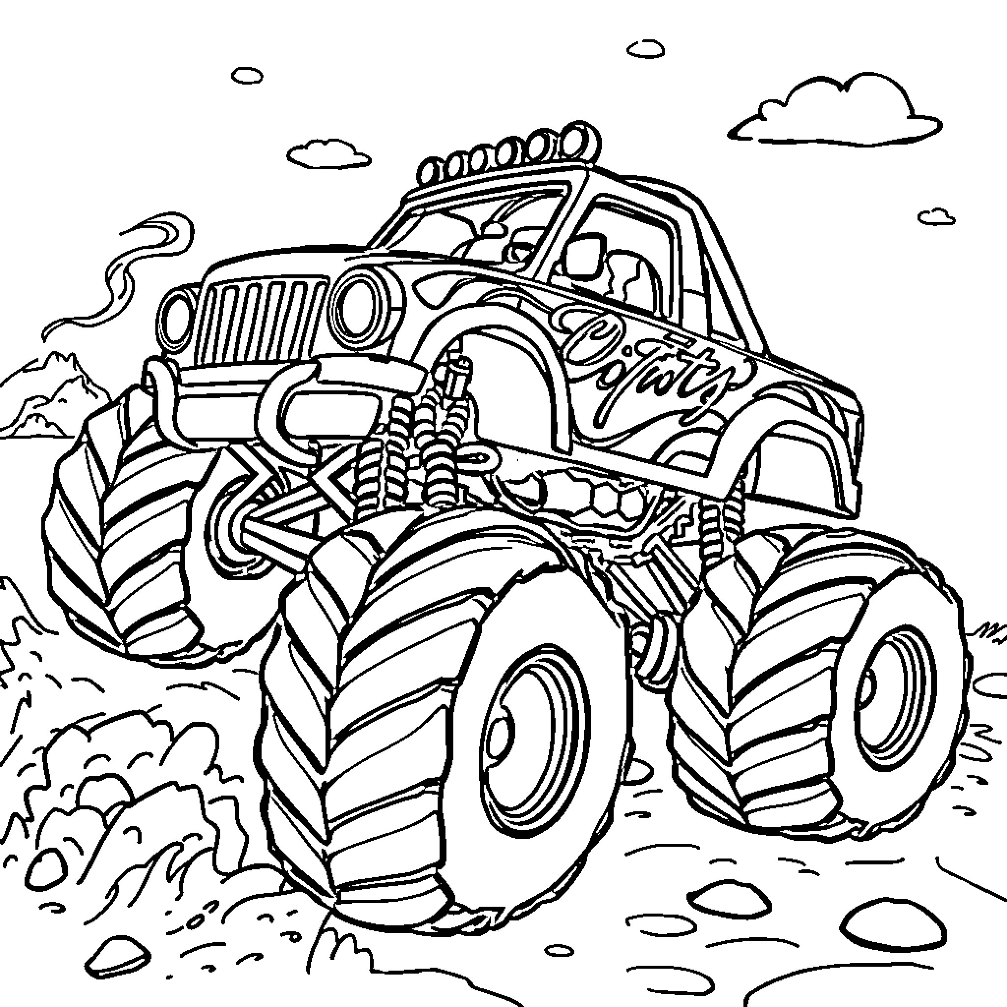Monster Truck Crushing Through Rugged Terrain Coloring Page (free black-and-white line drawing printable PDF for all, from beginners to advanced learners, including children, teens, adults, and seniors)