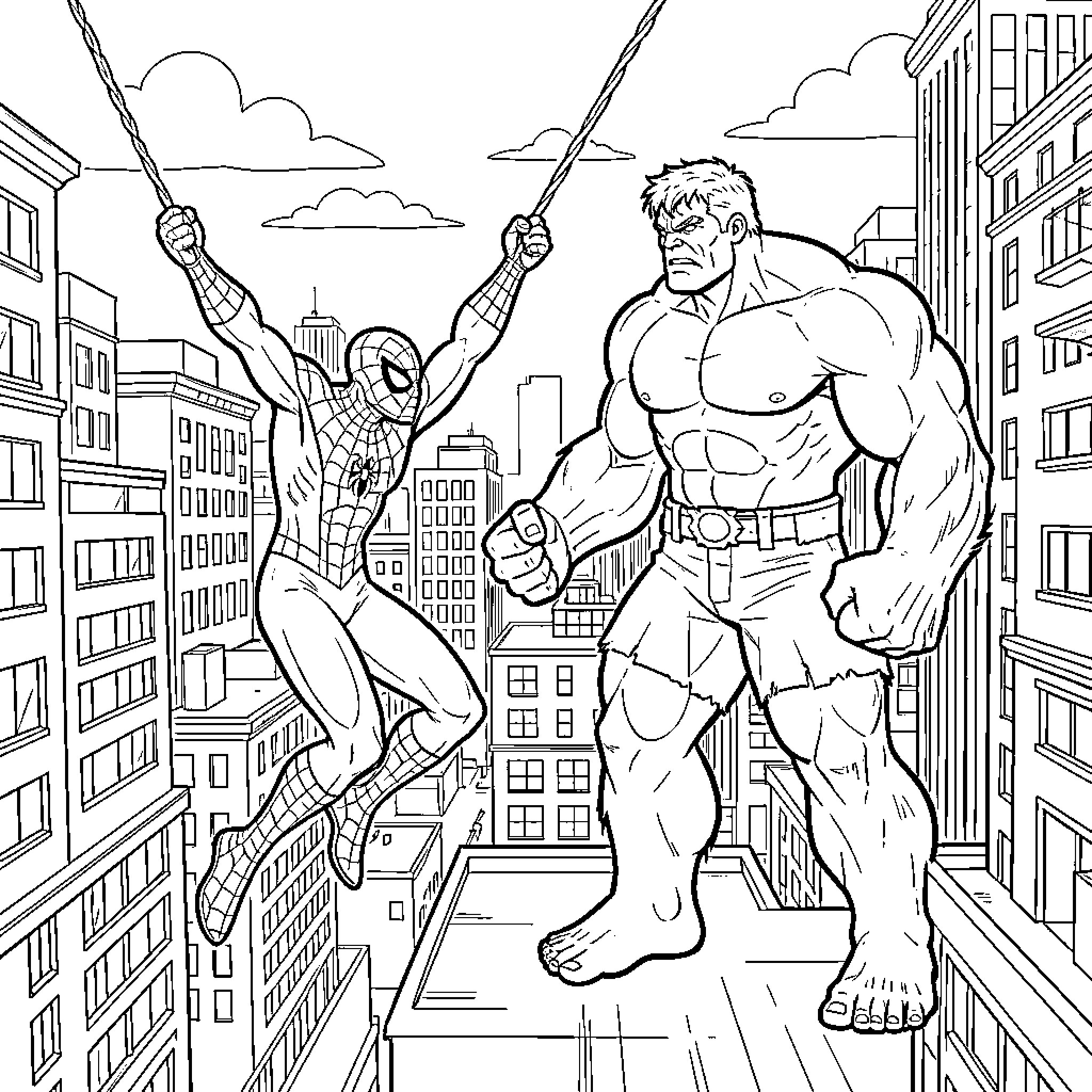 Spiderman swinging on webs alongside Hulk on rooftops Coloring Page (free black-and-white line drawing printable PDF for all, from beginners to advanced learners, including children, teens, adults, and seniors)