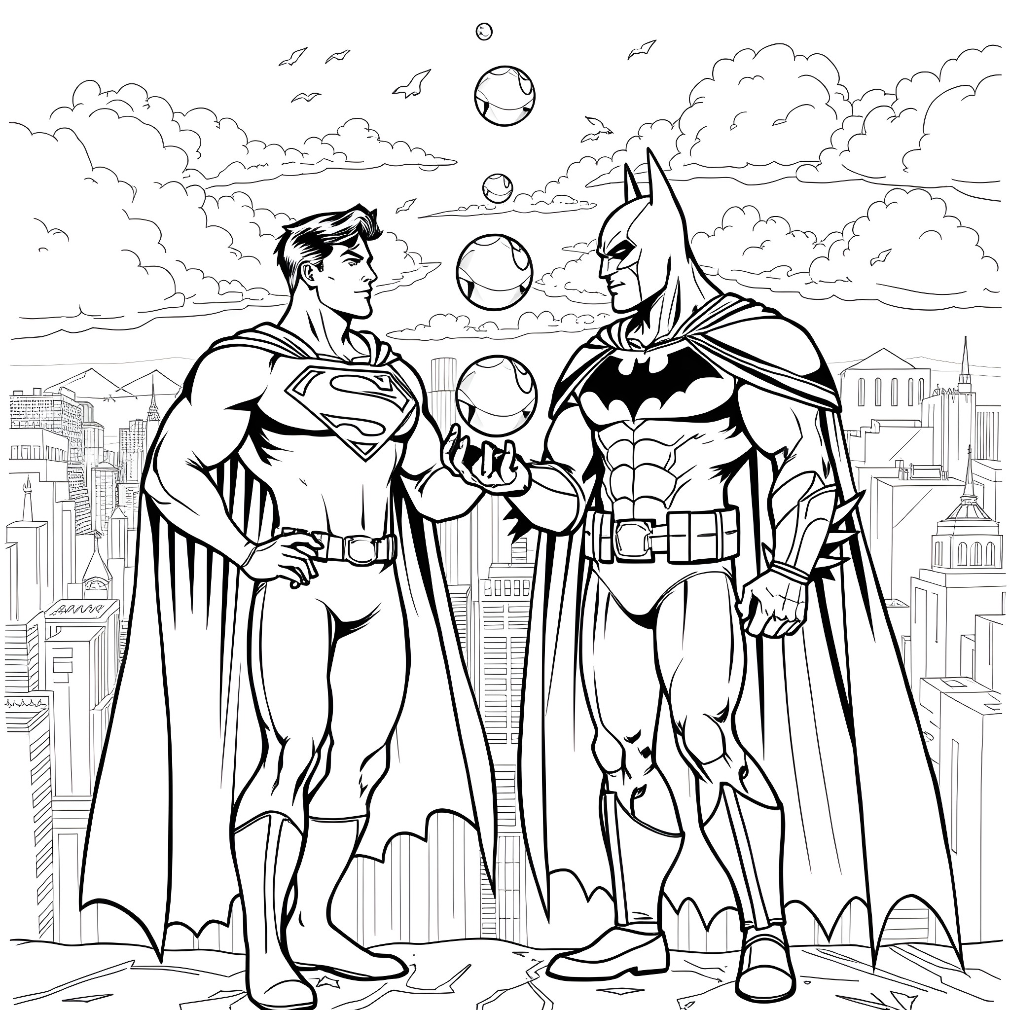 Superman and Batman Heroically Battling in the City Coloring Page (free black-and-white line drawing printable PDF for all, from beginners to advanced learners, including children, teens, adults, and seniors)
