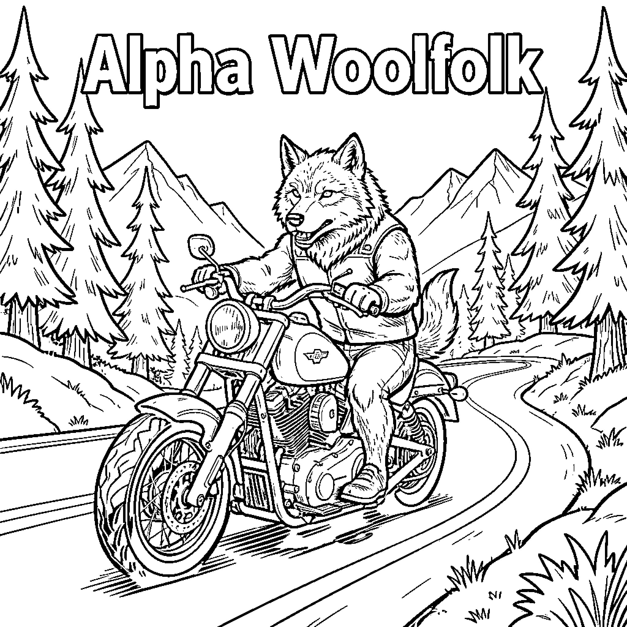 Wolf riding a motorcycle on a mountain road Coloring Page (free black-and-white line drawing printable PDF for all, from beginners to advanced learners, including children, teens, adults, and seniors)