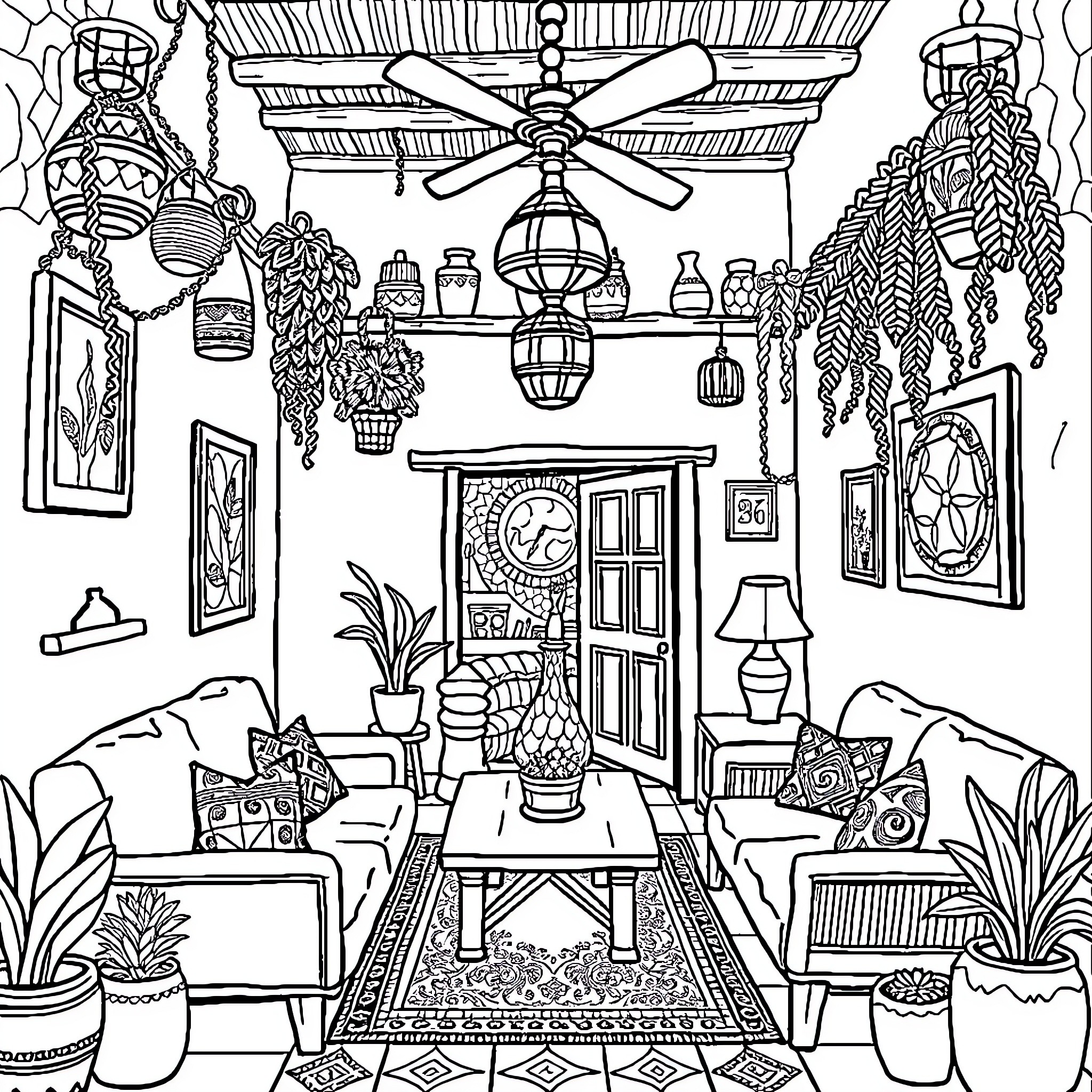 Mexico-inspired Cozy Home Interior with Decor Coloring Page (free black-and-white line drawing printable PDF for all, from beginners to advanced learners, including children, teens, adults, and seniors)