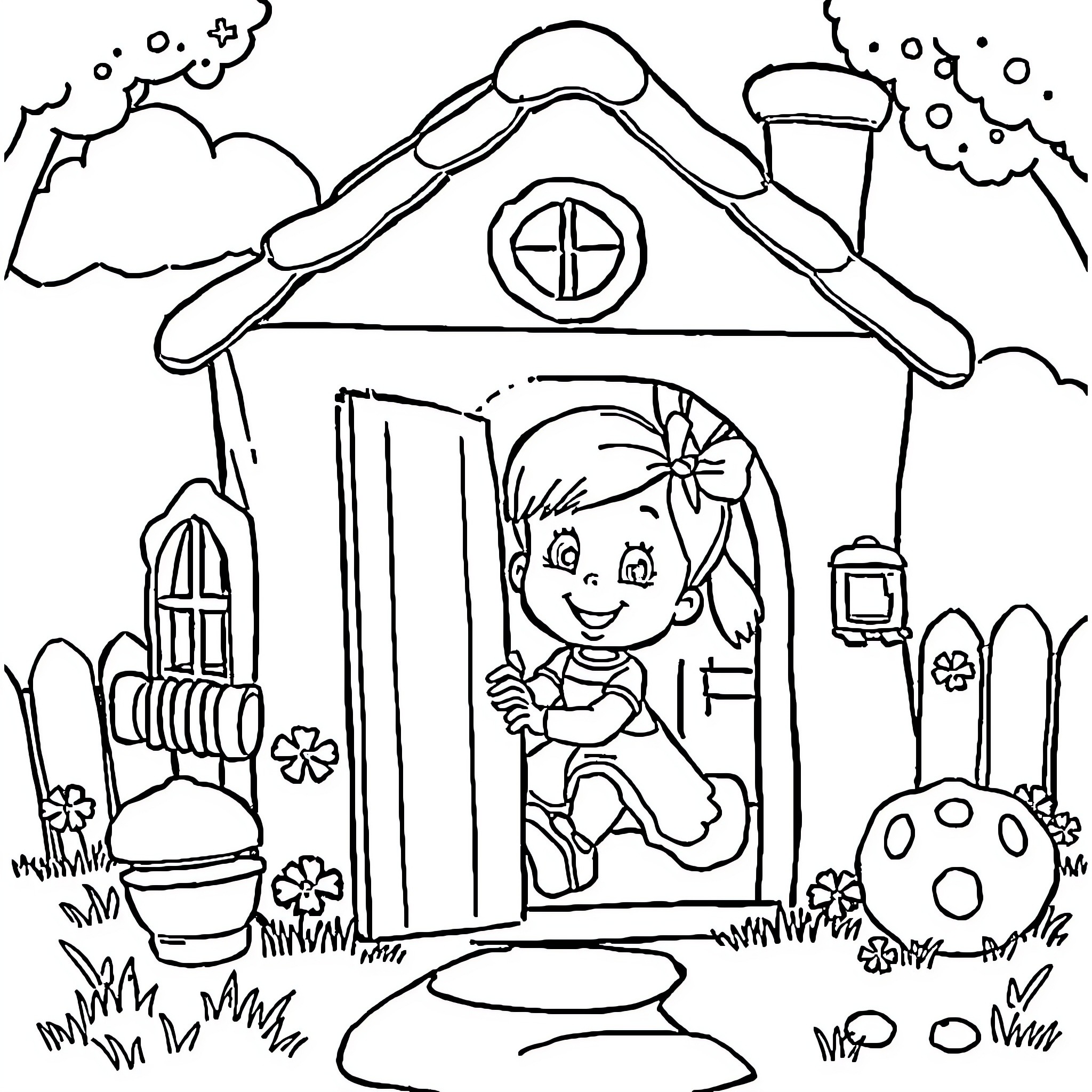 Gabby playing happily in her colorful cottage Coloring Page (free black-and-white line drawing printable PDF for all, from beginners to advanced learners, including children, teens, adults, and seniors)