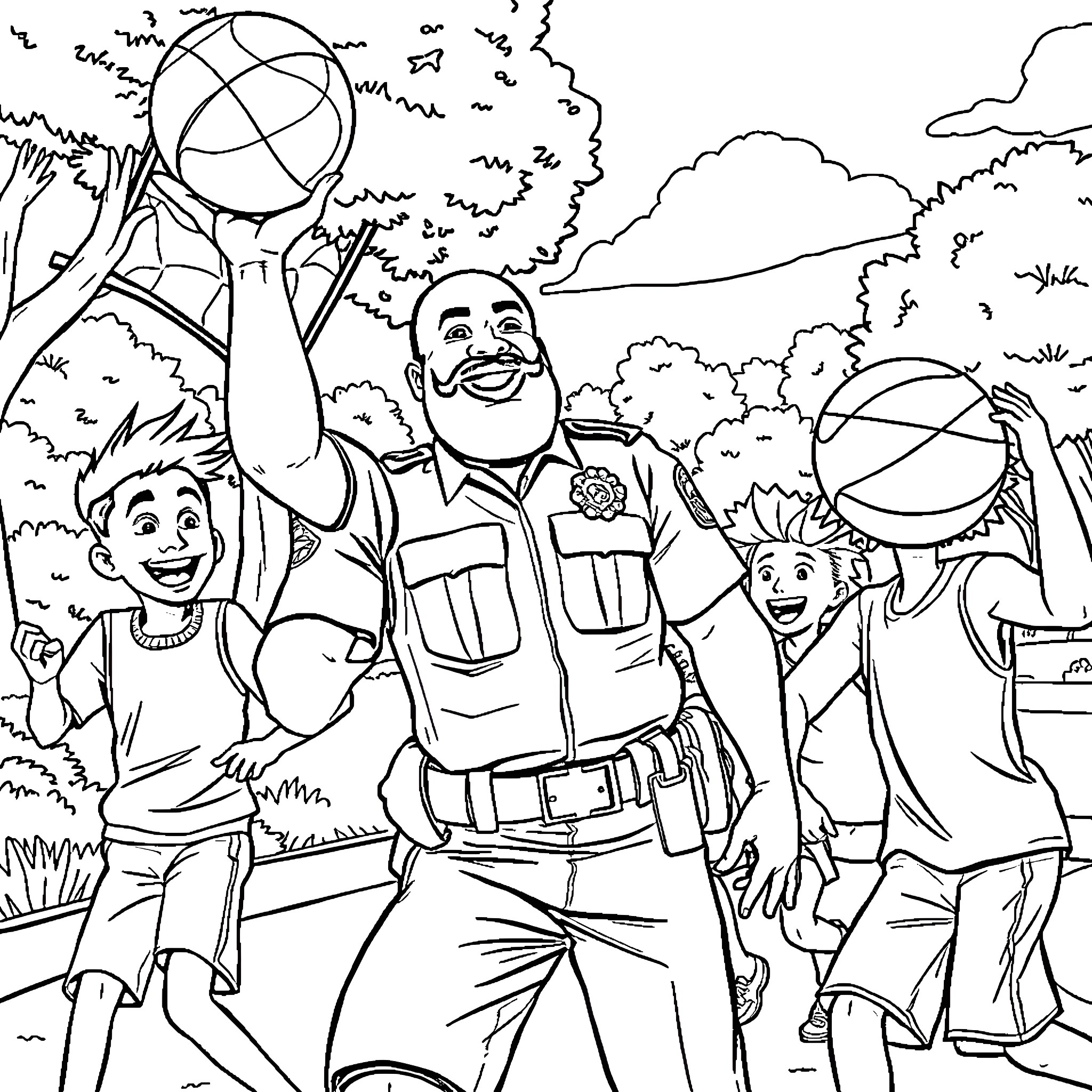 Cop interacting with joyful children in a park Coloring Page (free black-and-white line drawing printable PDF for all, from beginners to advanced learners, including children, teens, adults, and seniors)