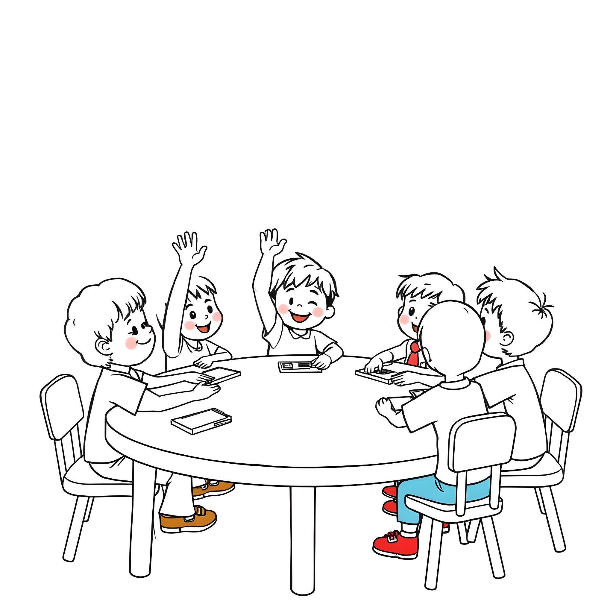 Students collaborating and learning together in the classroom Coloring Page (free black-and-white line drawing printable PDF for all, from beginners to advanced learners, including children, teens, adults, and seniors)