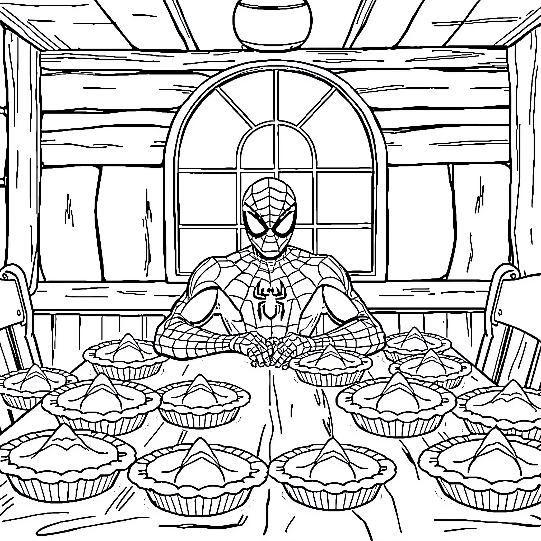Spiderman enjoying a pastry feast in a cozy cabin Coloring Page (free black-and-white line drawing printable PDF for all, from beginners to advanced learners, including children, teens, adults, and seniors)