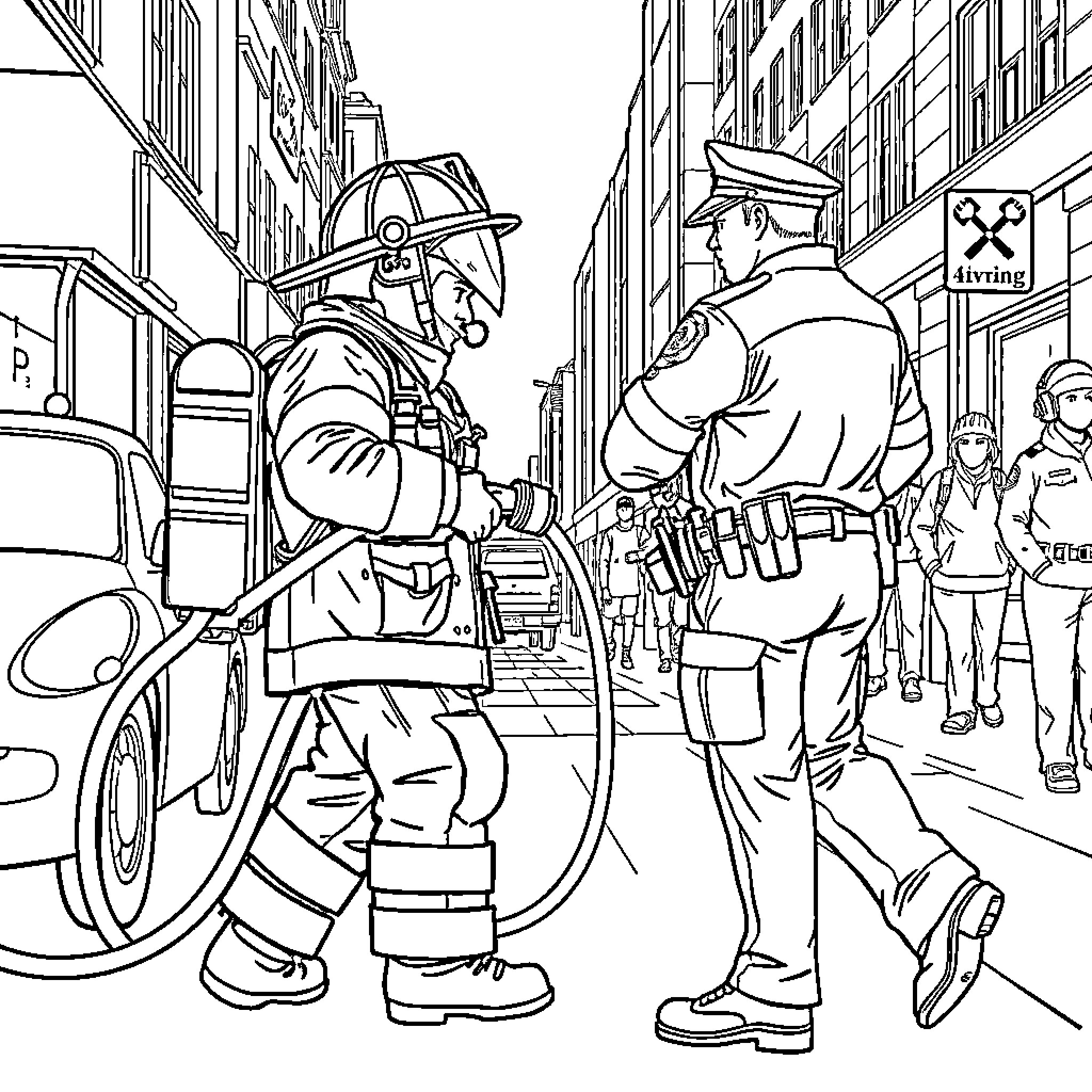 Firefighters responding to an emergency in the city Coloring Page (free black-and-white line drawing printable PDF for all, from beginners to advanced learners, including children, teens, adults, and seniors)