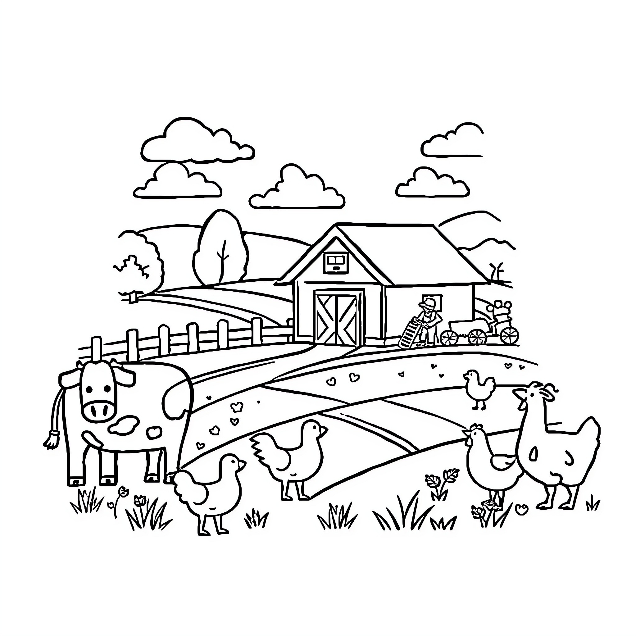 Farm animals and scenery on a sunny day Coloring Page (free black-and-white line drawing printable PDF for all, from beginners to advanced learners, including children, teens, adults, and seniors)