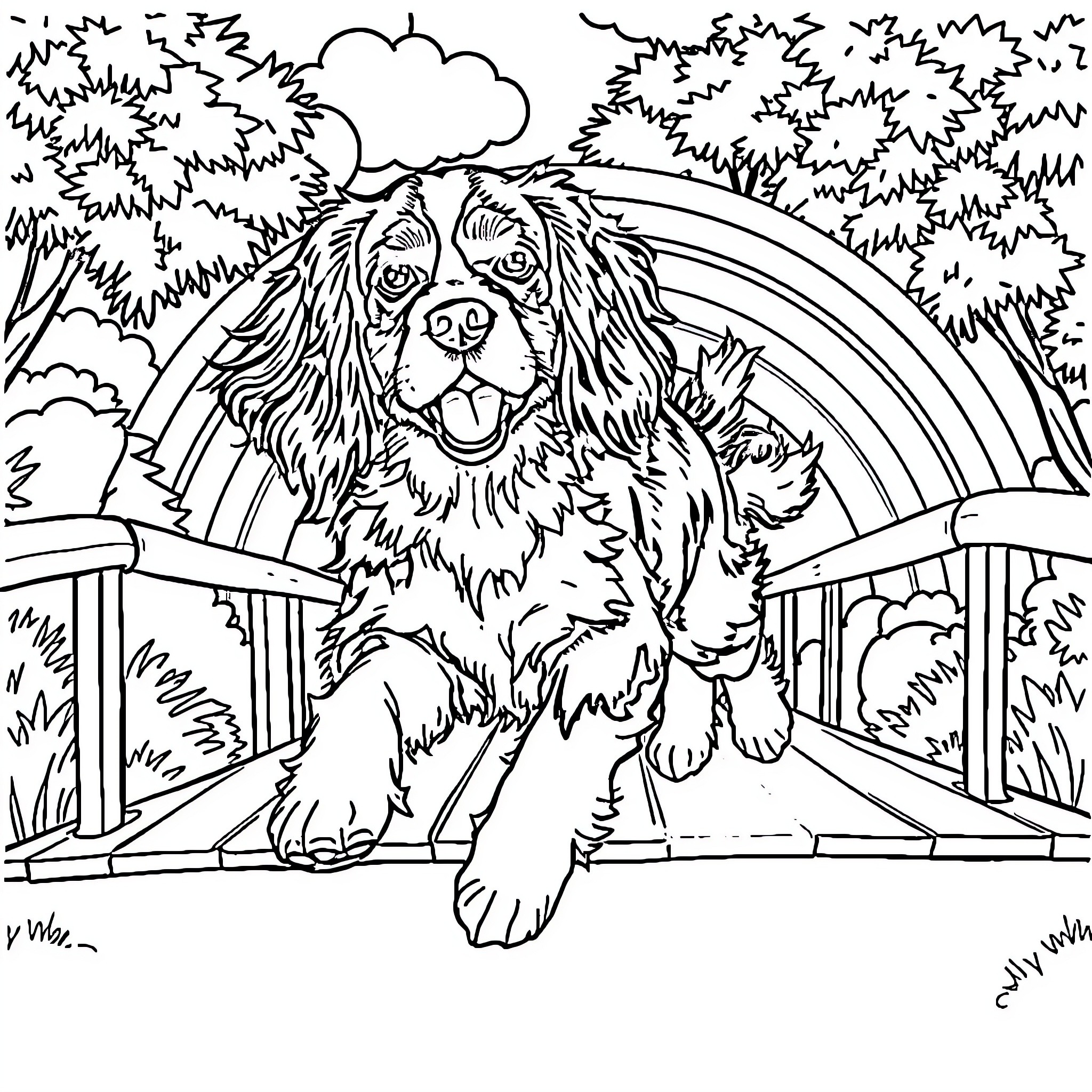 King Charles Cavalier Spaniel enjoying the outdoors Coloring Page (free black-and-white line drawing printable PDF for all, from beginners to advanced learners, including children, teens, adults, and seniors)