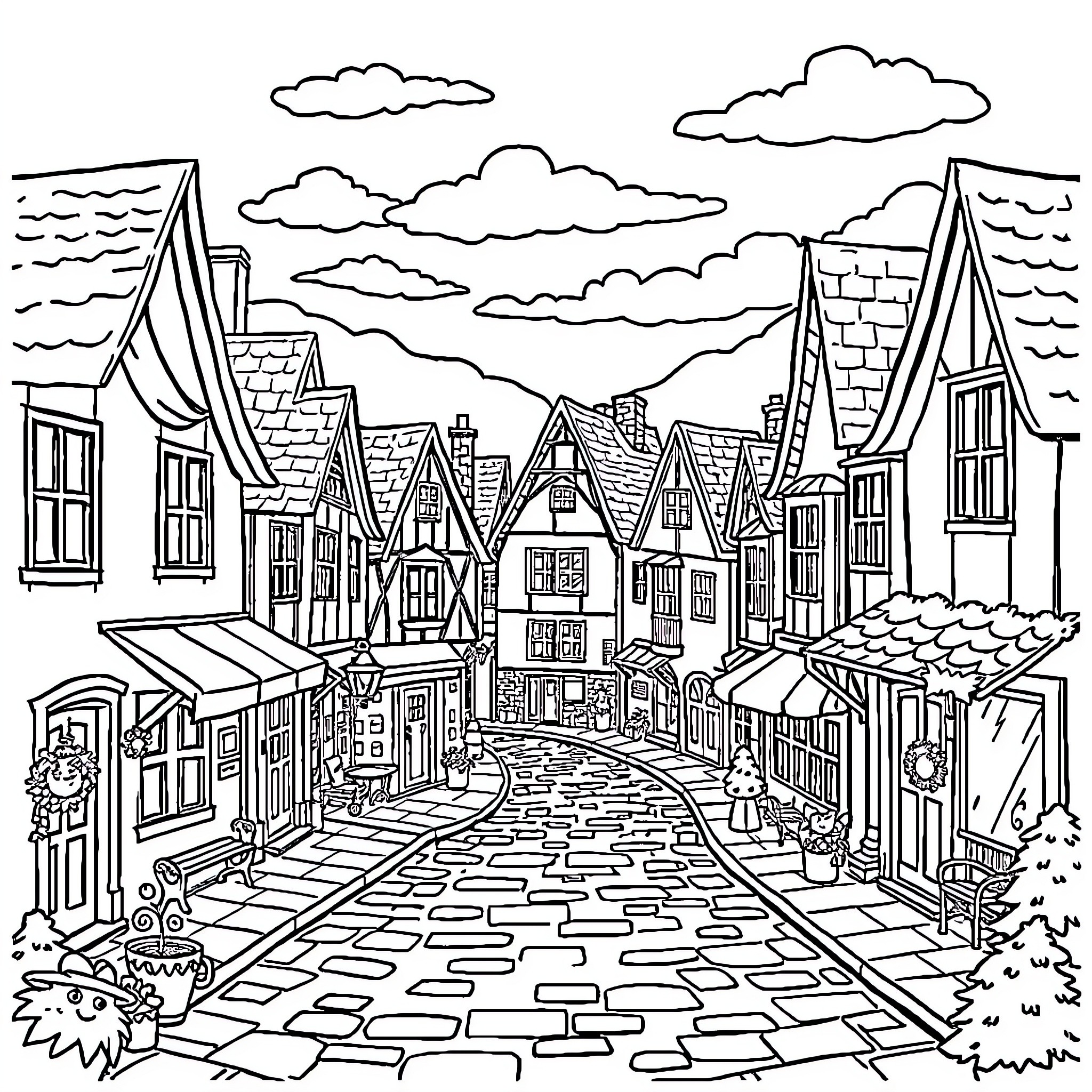 Yorkie exploring the quaint cobblestone streets of a charming village Coloring Page (free black-and-white line drawing printable PDF for all, from beginners to advanced learners, including children, teens, adults, and seniors)