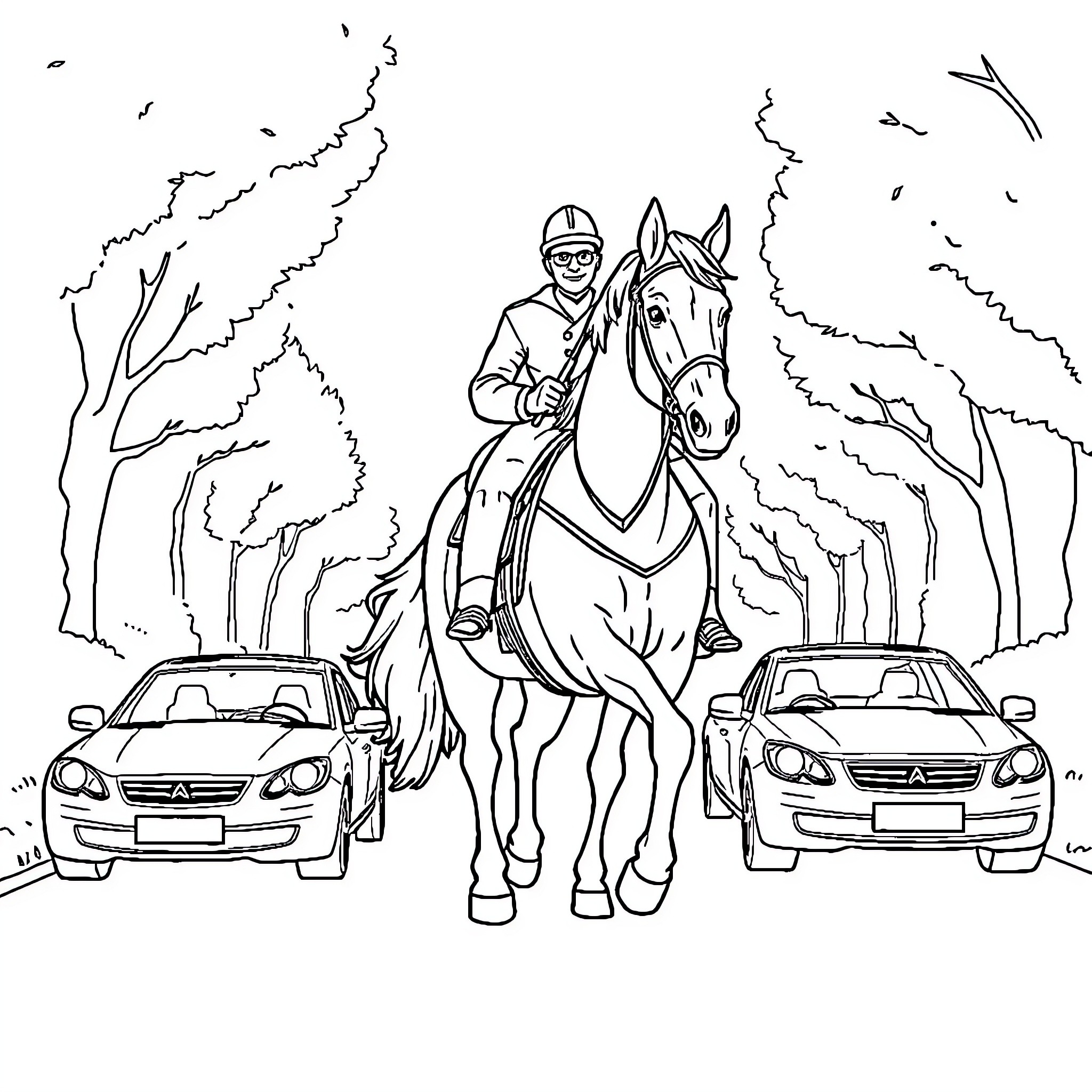 Horse rider escorted by police vehicles on a woodland road Coloring Page (free black-and-white line drawing printable PDF for all, from beginners to advanced learners, including children, teens, adults, and seniors)