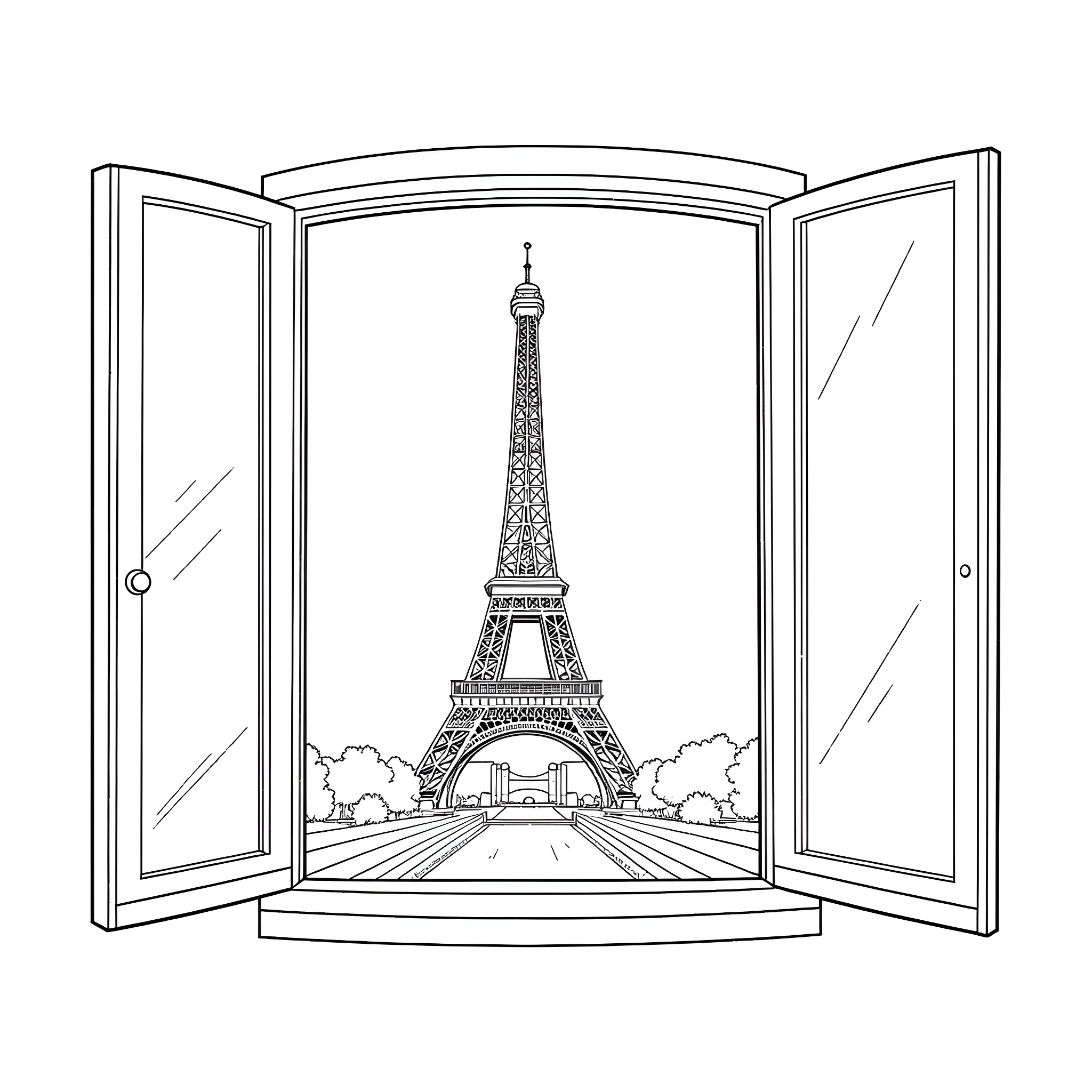 Eiffel Tower view through open window Coloring Page (free black-and-white line drawing printable PDF for all, from beginners to advanced learners, including children, teens, adults, and seniors)