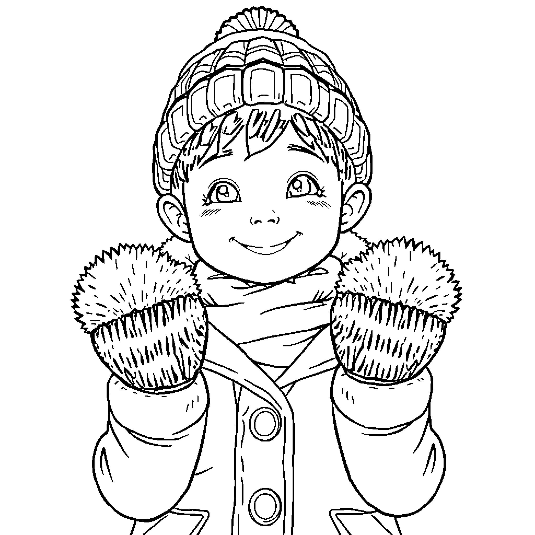 Boy enjoying winter in cozy outerwear Coloring Page (free black-and-white line drawing printable PDF for all, from beginners to advanced learners, including children, teens, adults, and seniors)