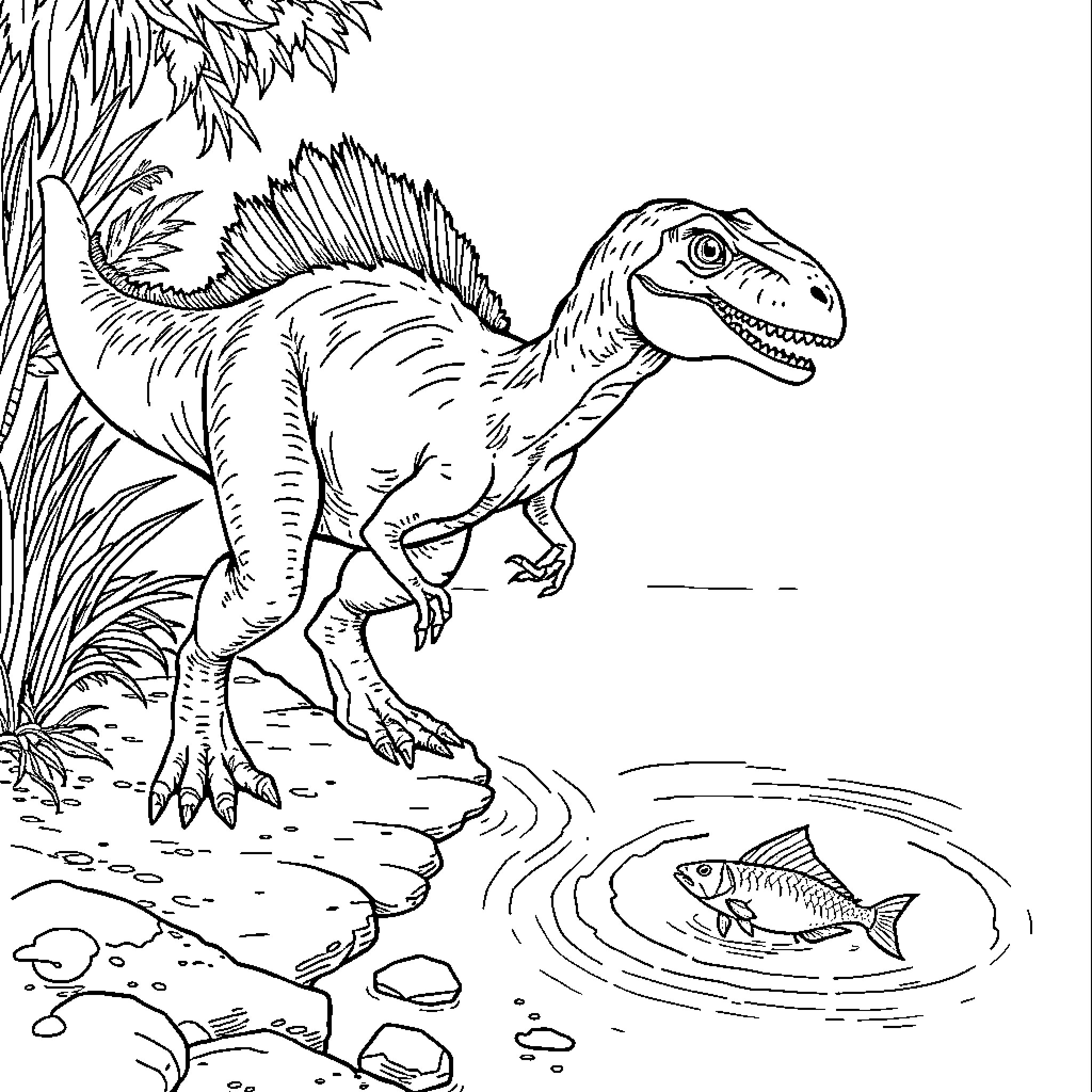 Velociraptor hunting for fish in the wild Coloring Page (free black-and-white line drawing printable PDF for all, from beginners to advanced learners, including children, teens, adults, and seniors)