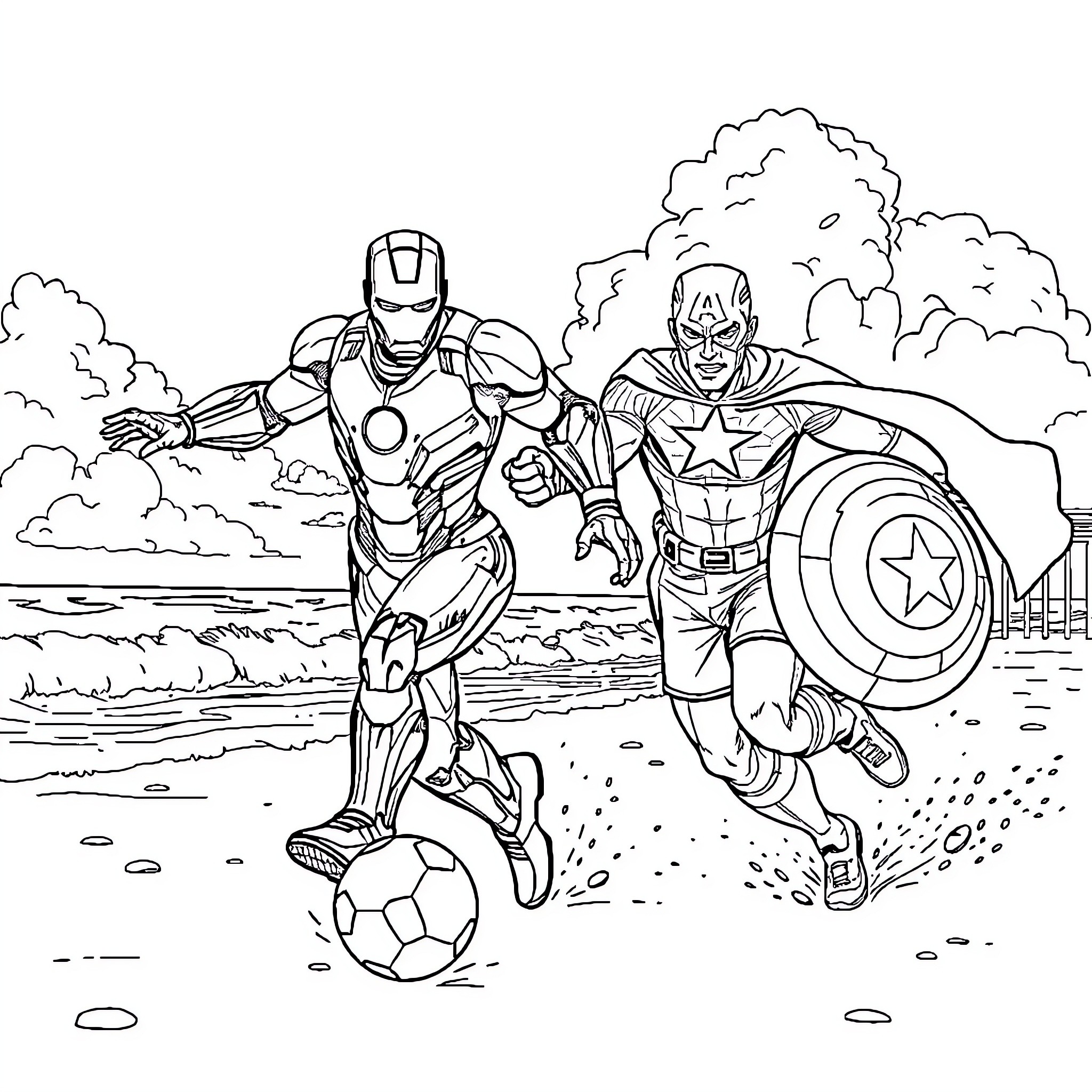 Iron Man and Captain America in epic outdoor adventure Coloring Page (free black-and-white line drawing printable PDF for all, from beginners to advanced learners, including children, teens, adults, and seniors)
