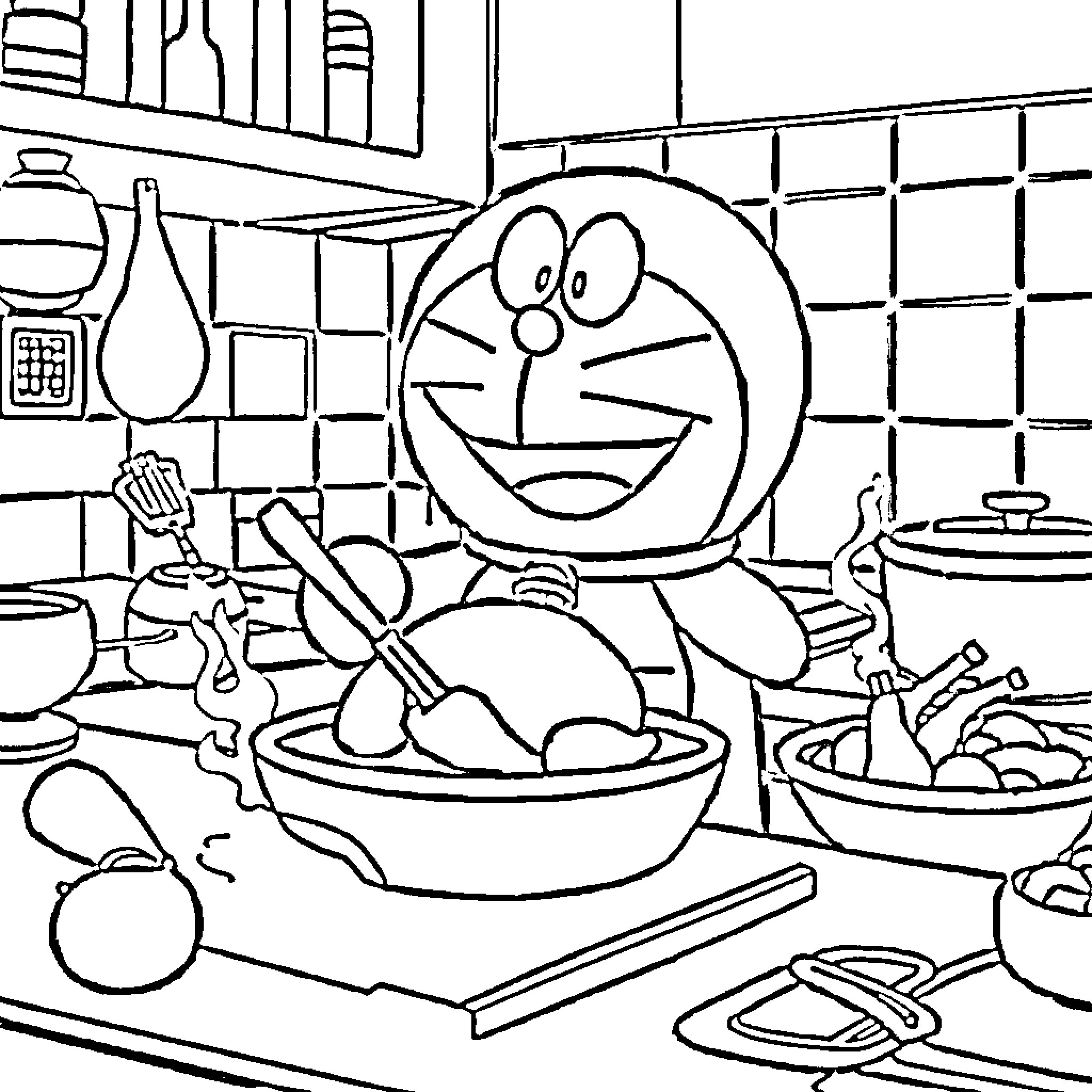 Doraemon assisting in the kitchen with various kitchen utensils Coloring Page (free black-and-white line drawing printable PDF for all, from beginners to advanced learners, including children, teens, adults, and seniors)