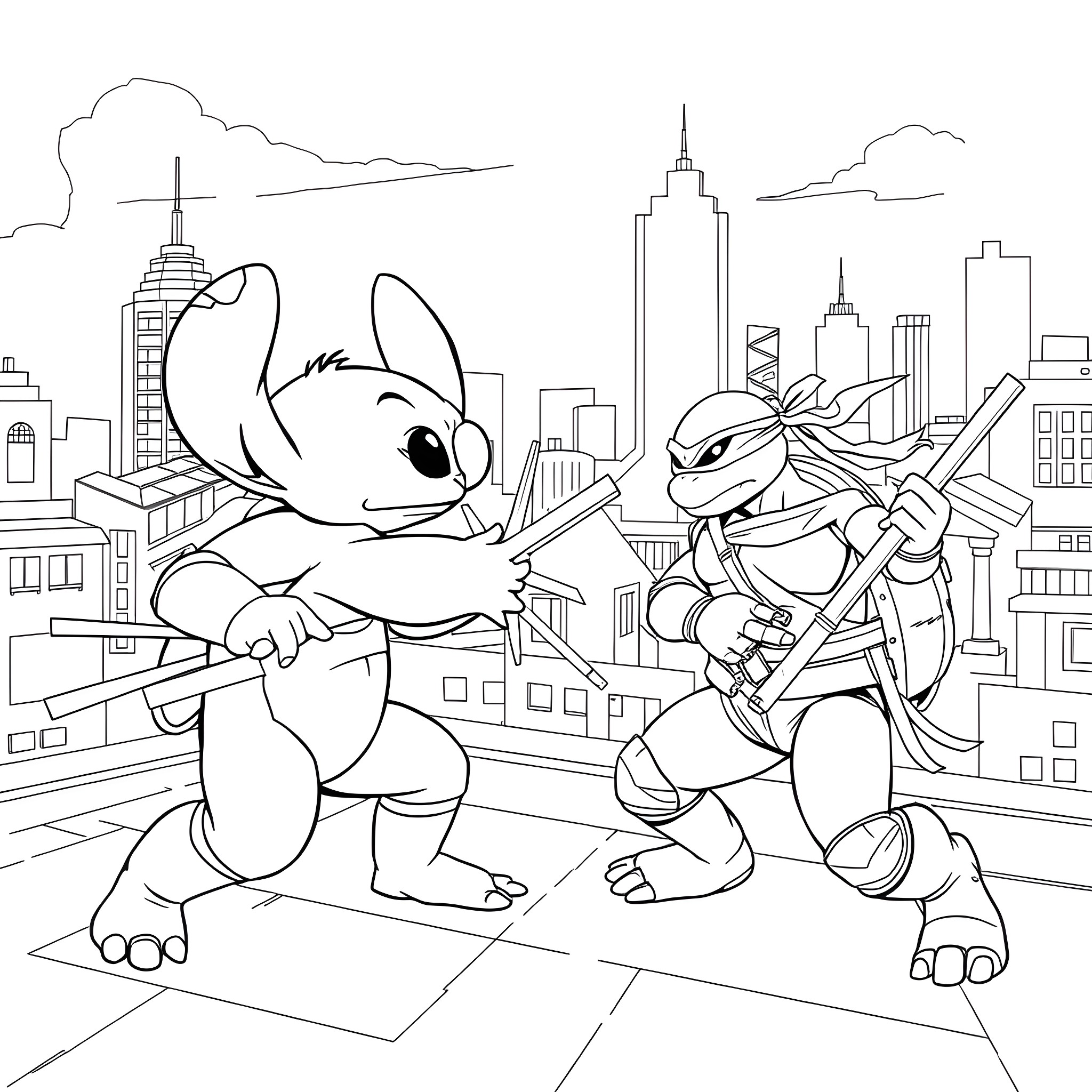 Stitch and Raphael Explore the City Skyline Coloring Page (free black-and-white line drawing printable PDF for all, from beginners to advanced learners, including children, teens, adults, and seniors)