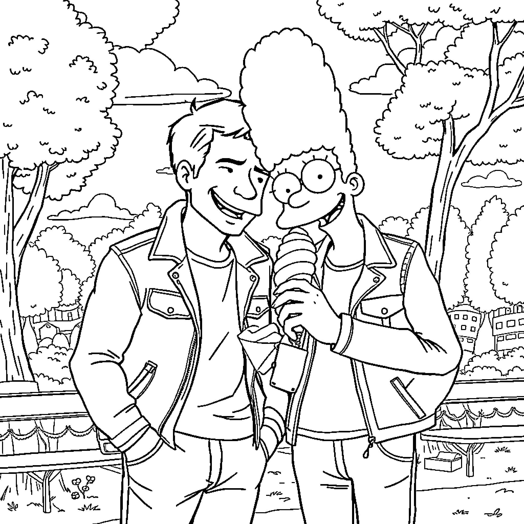 Tom Cruise and companion sharing a lighthearted moment outdoors Coloring Page (free black-and-white line drawing printable PDF for all, from beginners to advanced learners, including children, teens, adults, and seniors)
