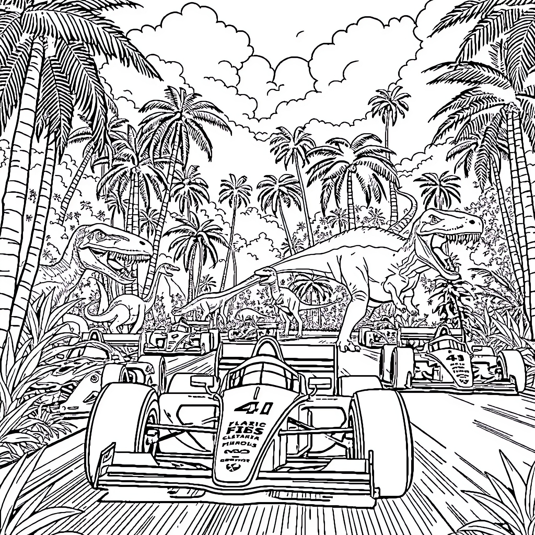 F1 Car Racing Through Jurassic Landscape Coloring Page (free black-and-white line drawing printable PDF for all, from beginners to advanced learners, including children, teens, adults, and seniors)