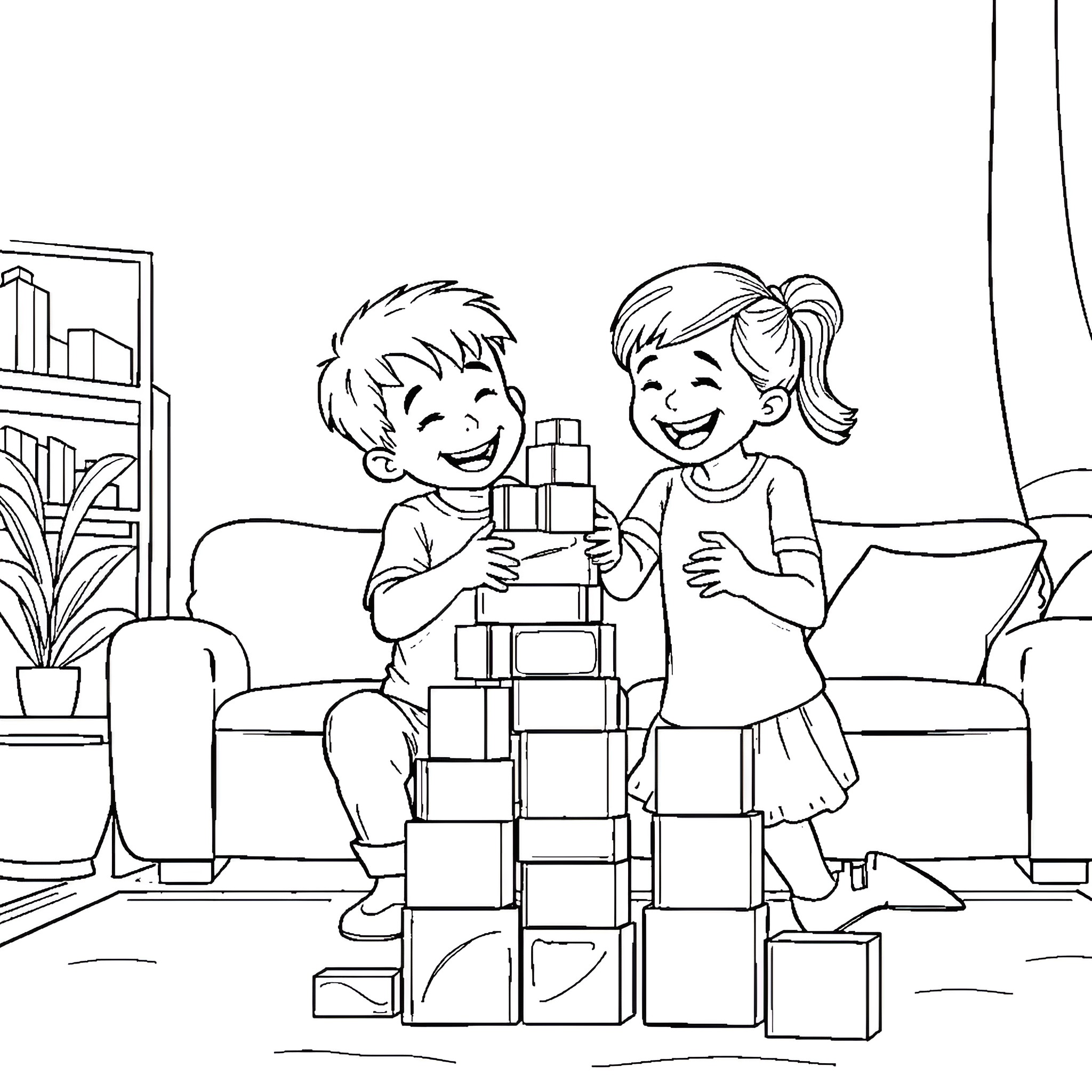 Siblings building tower with blocks together Coloring Page (free black-and-white line drawing printable PDF for all, from beginners to advanced learners, including children, teens, adults, and seniors)