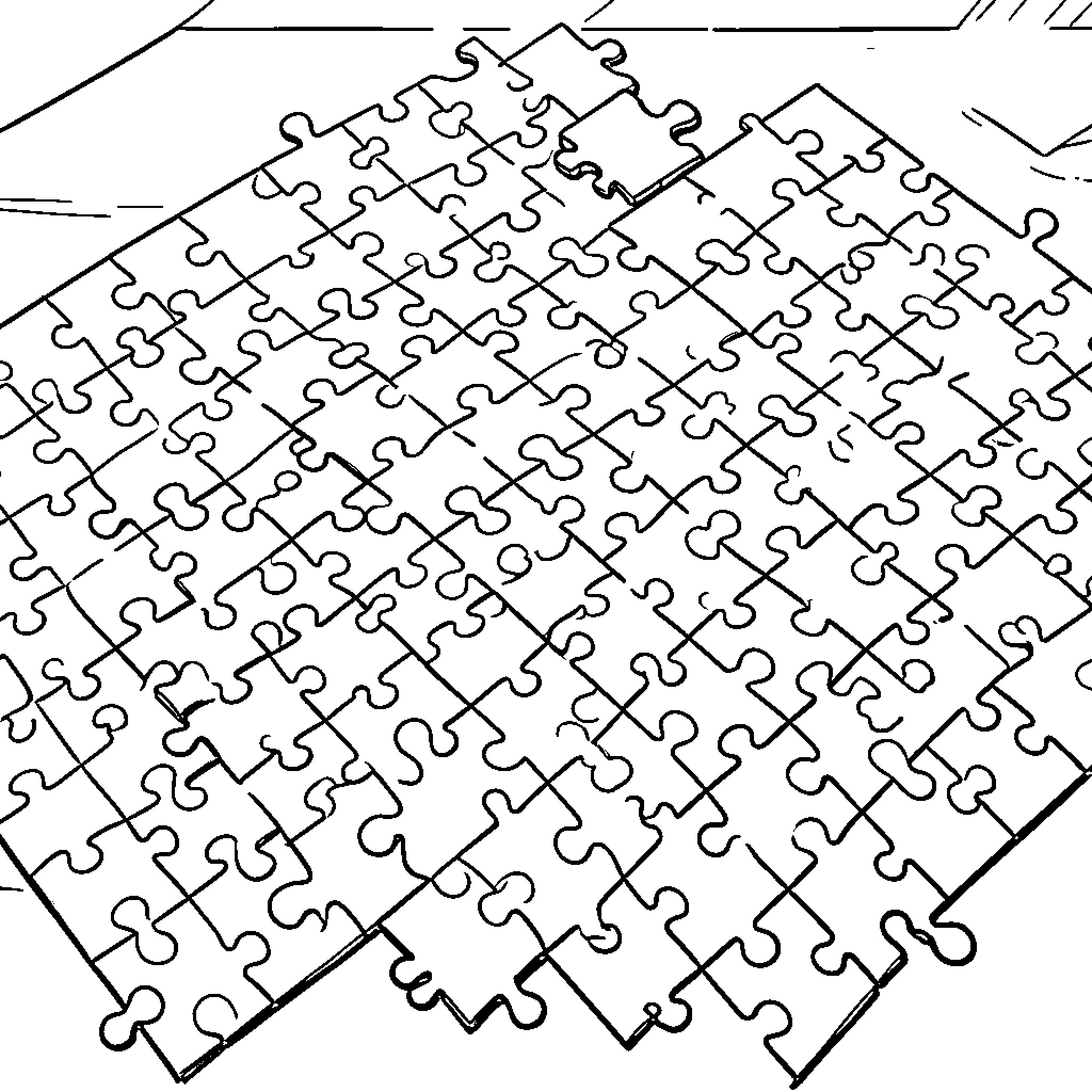 Jig Saw Puzzle pieces being assembled on a flat surface Coloring Page (free black-and-white line drawing printable PDF for all, from beginners to advanced learners, including children, teens, adults, and seniors)