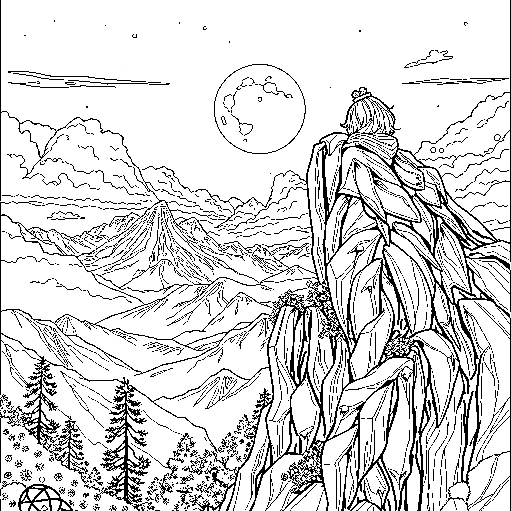 Up in the Ethereal Mountain Landscape Coloring Page (free black-and-white line drawing printable PDF for all, from beginners to advanced learners, including children, teens, adults, and seniors)