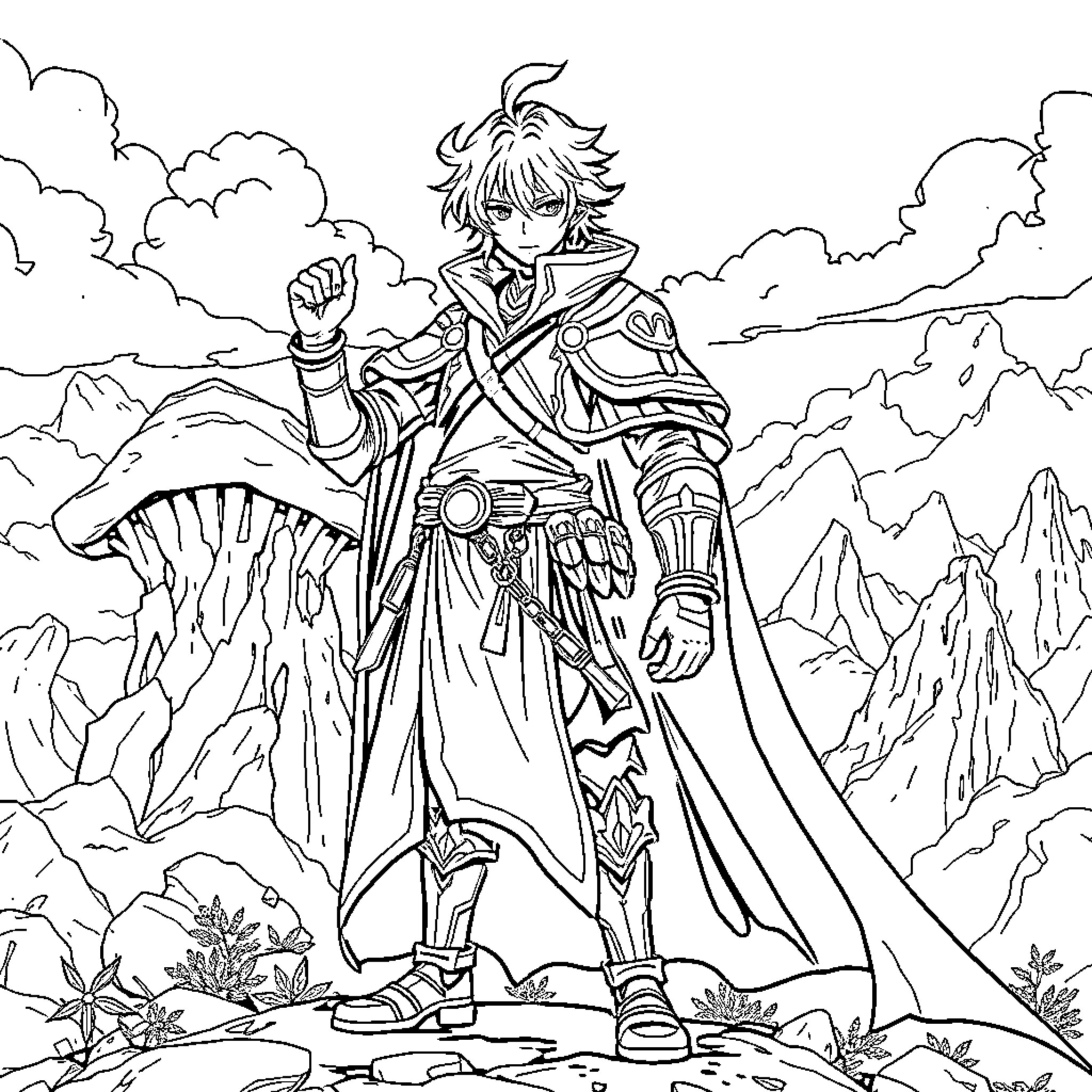 Isekai Hero stands tall in a fantasy landscape Coloring Page (free black-and-white line drawing printable PDF for all, from beginners to advanced learners, including children, teens, adults, and seniors)