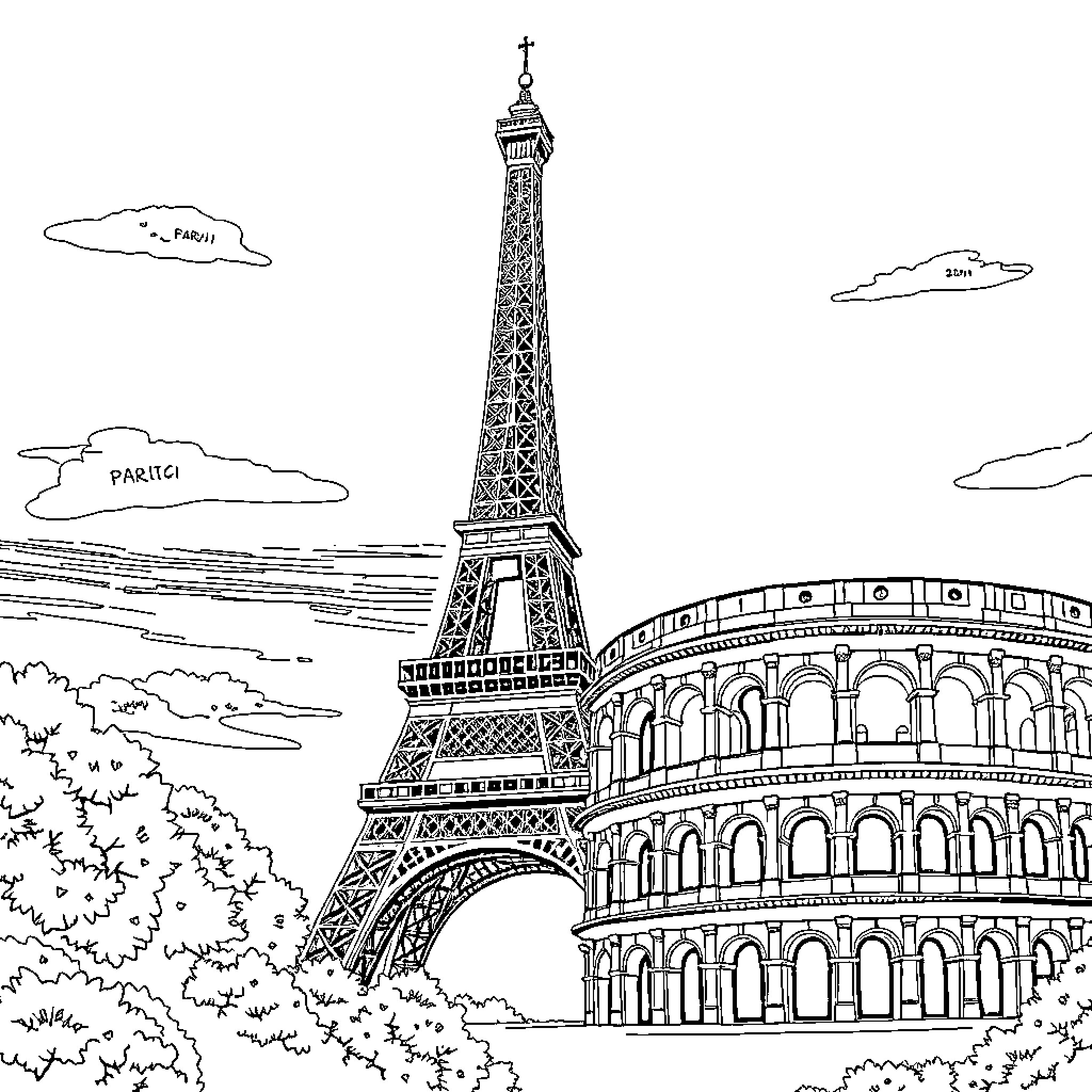 Monuments of famous landmarks in European city Coloring Page (free black-and-white line drawing printable PDF for all, from beginners to advanced learners, including children, teens, adults, and seniors)