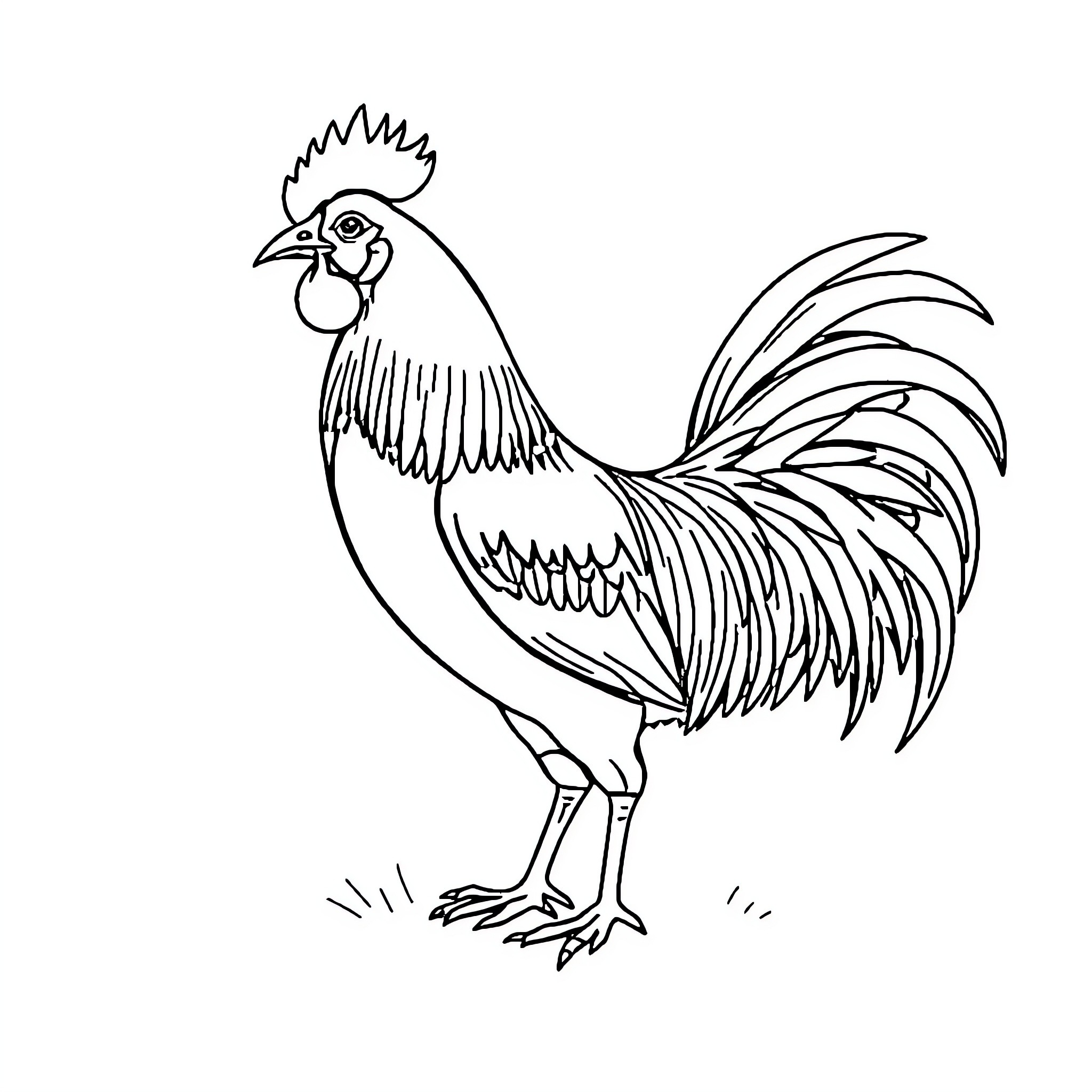 Pollo the Proud Rooster Coloring Page (free black-and-white line drawing printable PDF for all, from beginners to advanced learners, including children, teens, adults, and seniors)
