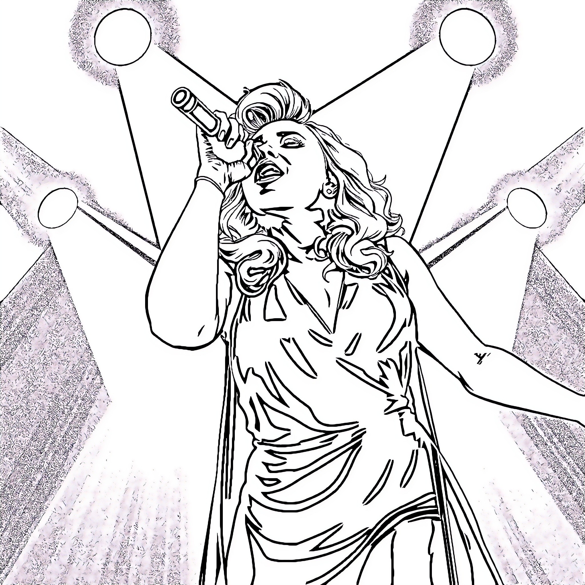 Madonna performing on stage in dramatic outfit Coloring Page (free black-and-white line drawing printable PDF for all, from beginners to advanced learners, including children, teens, adults, and seniors)