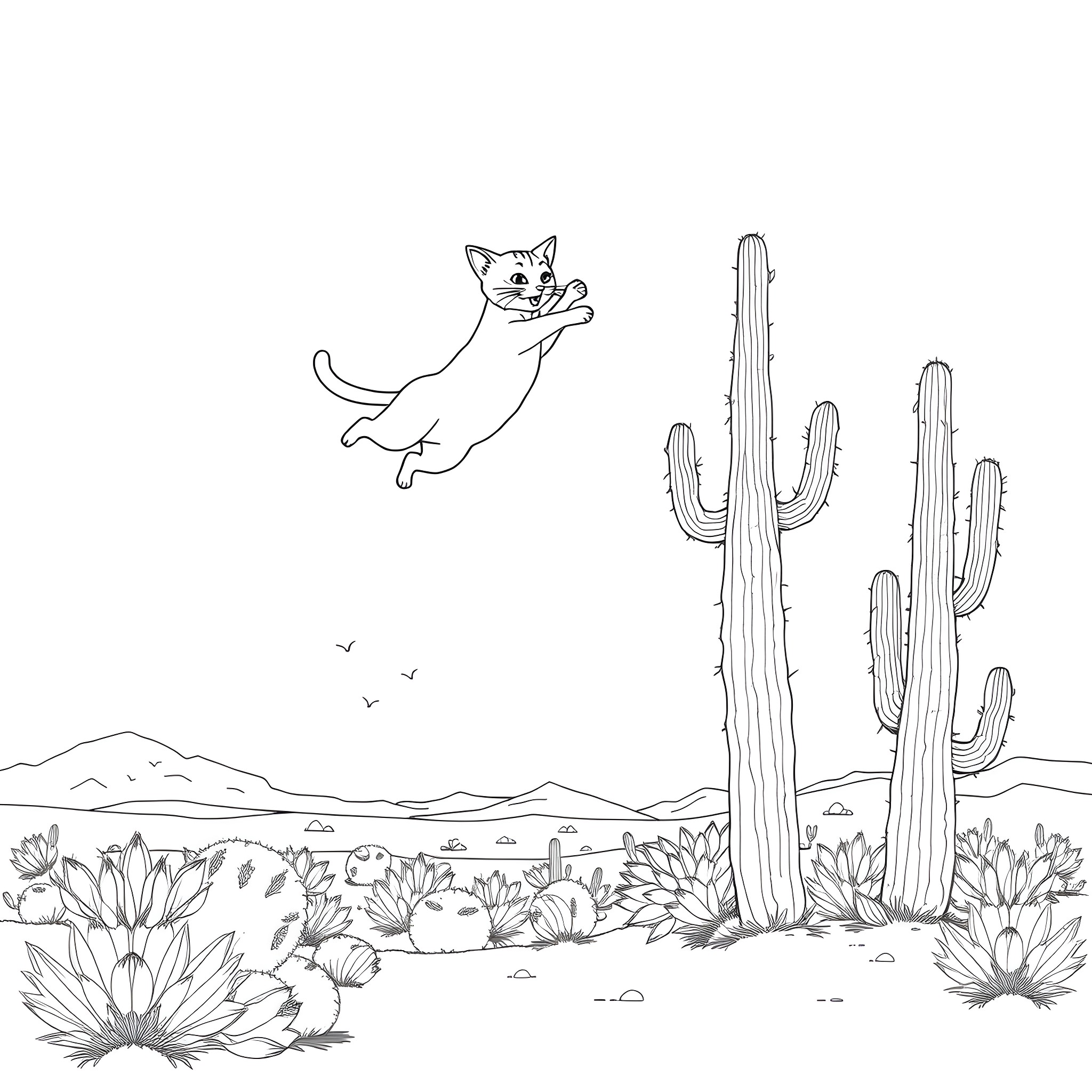 Cat leaping playfully through desert landscape Coloring Page (free black-and-white line drawing printable PDF for all, from beginners to advanced learners, including children, teens, adults, and seniors)
