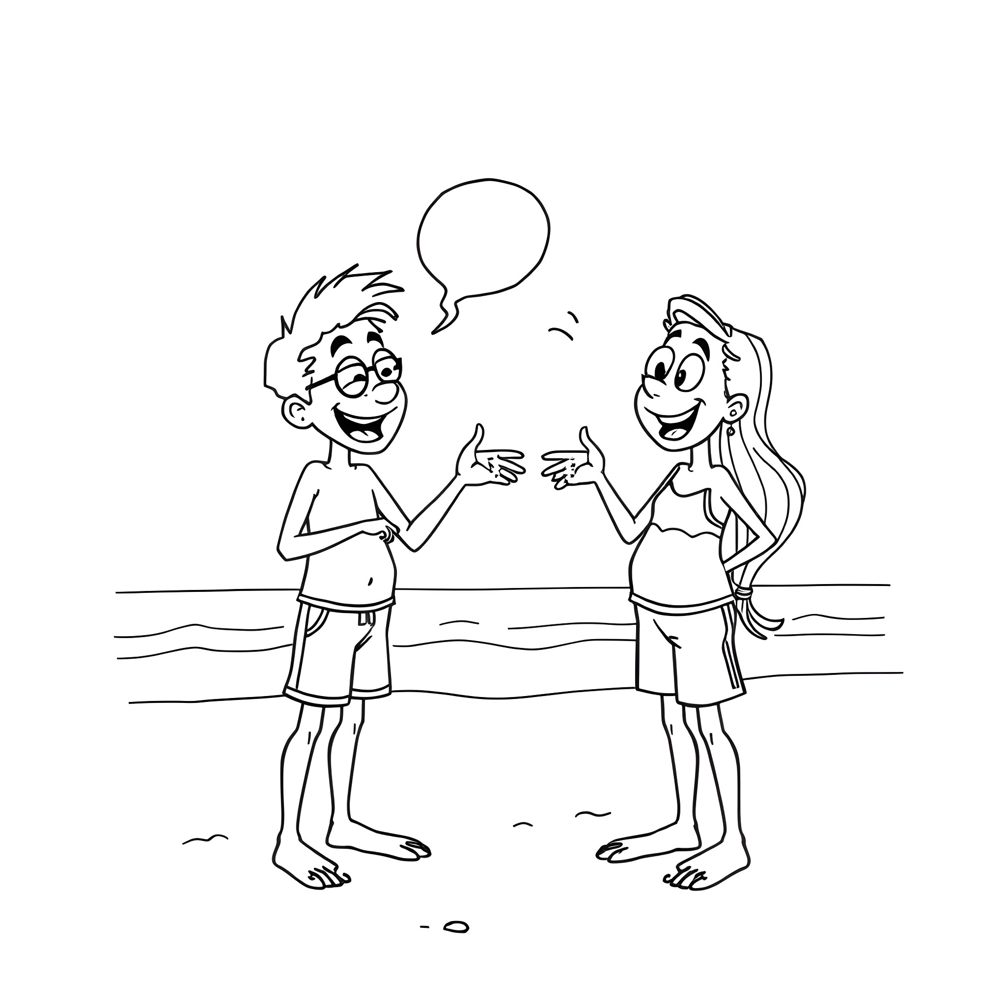 Titi's Lively Conversation at the Beach Coloring Page (free black-and-white line drawing printable PDF for all, from beginners to advanced learners, including children, teens, adults, and seniors)